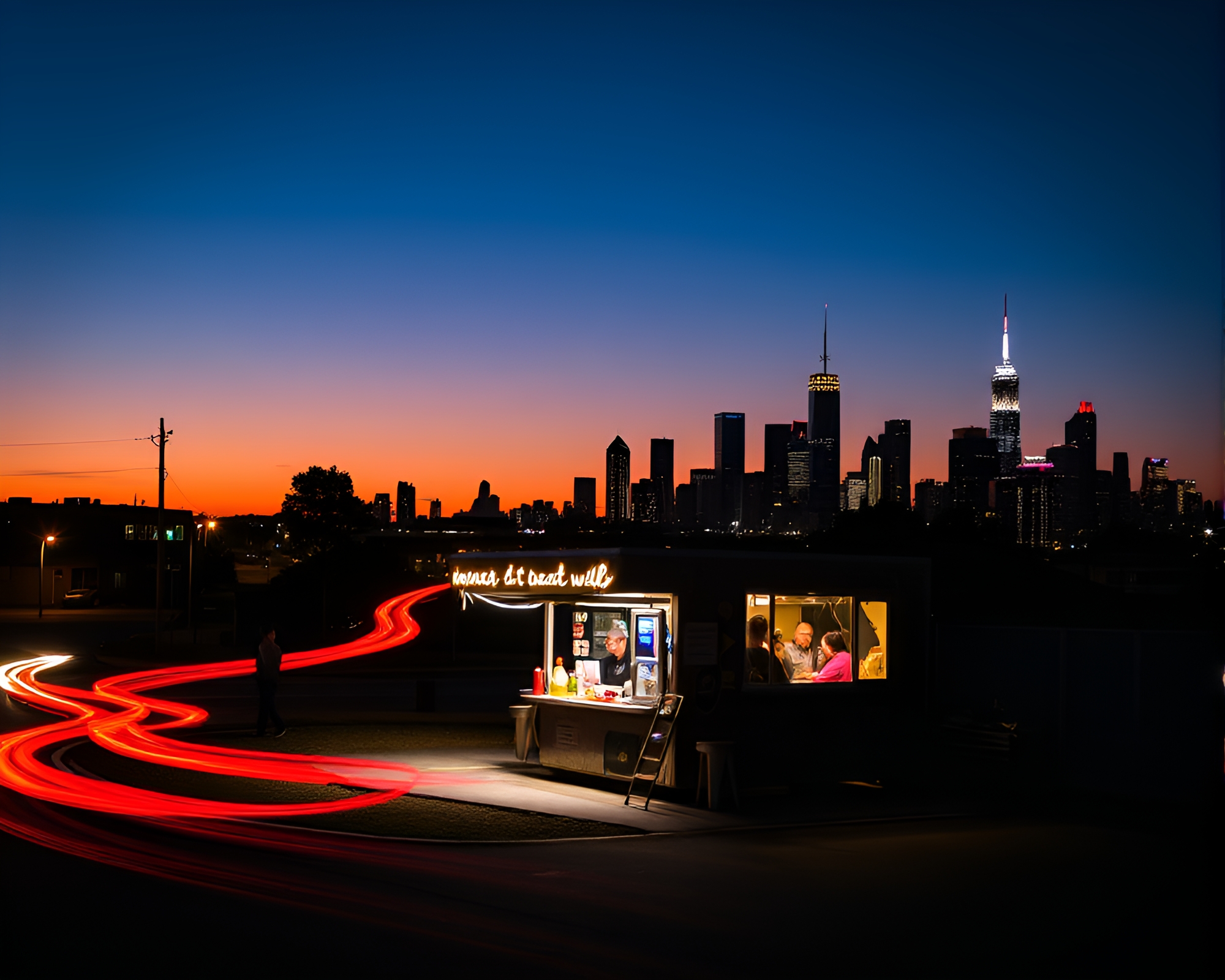 Skyline Sunset with Taco Stand Light Trails – free AI stock image