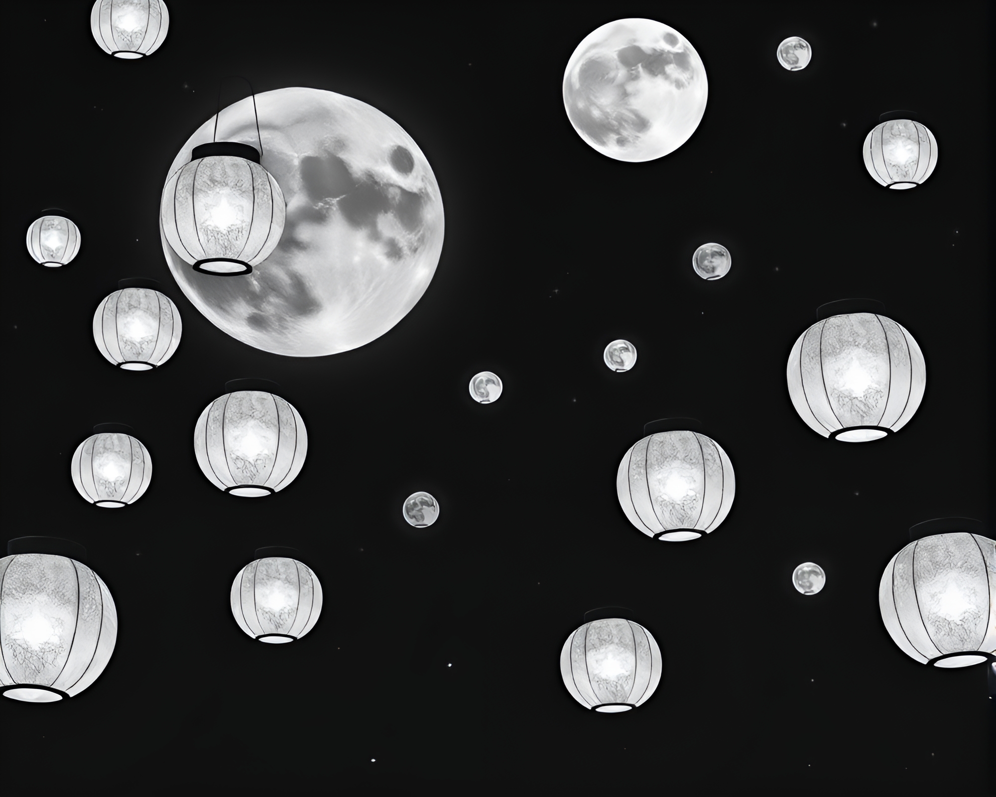 Lunar Geometry: Serene Lanterns Amid Lichen Textures – free AI stock image