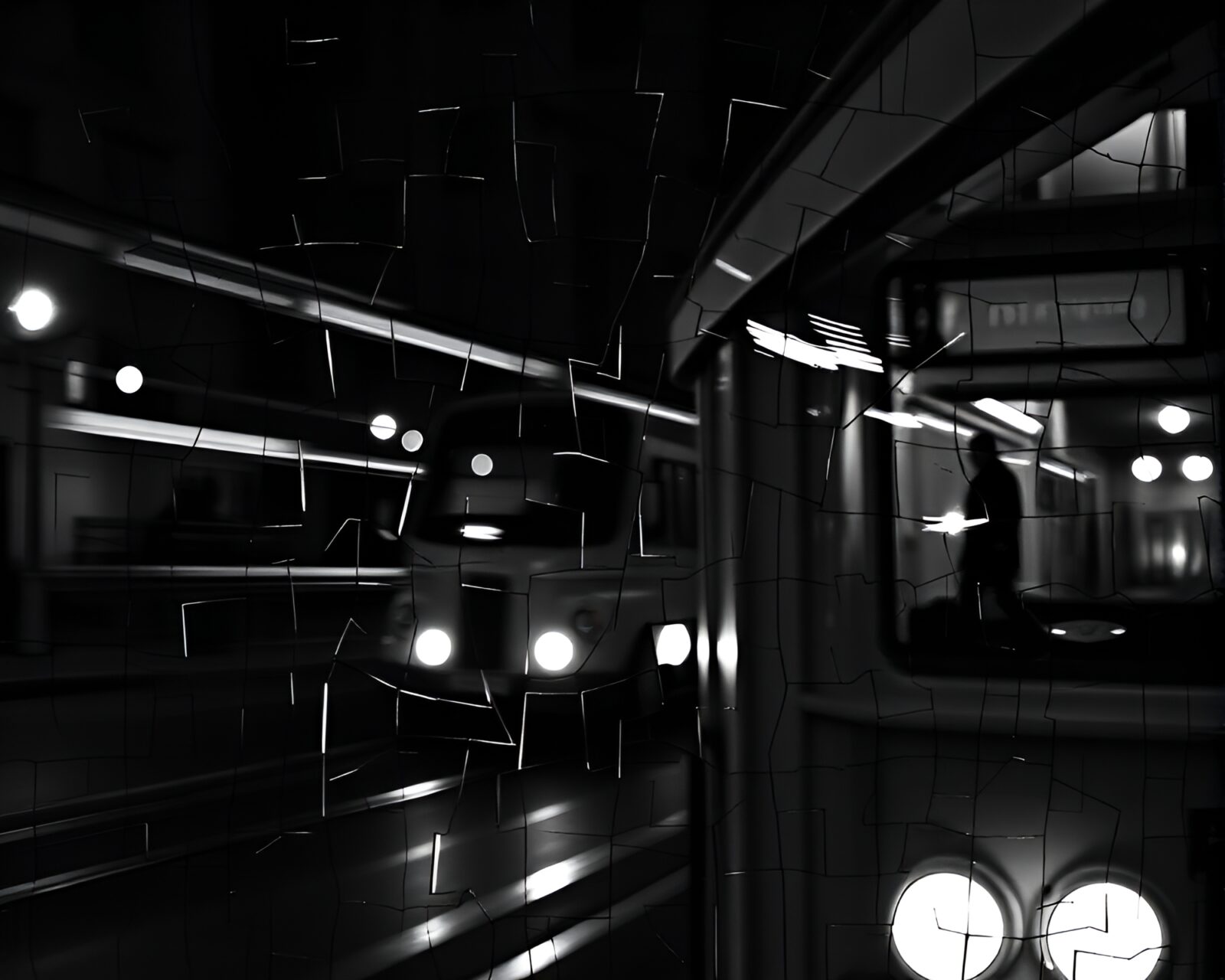 Monochrome broken mosaic fragments forming a cable car silhouette