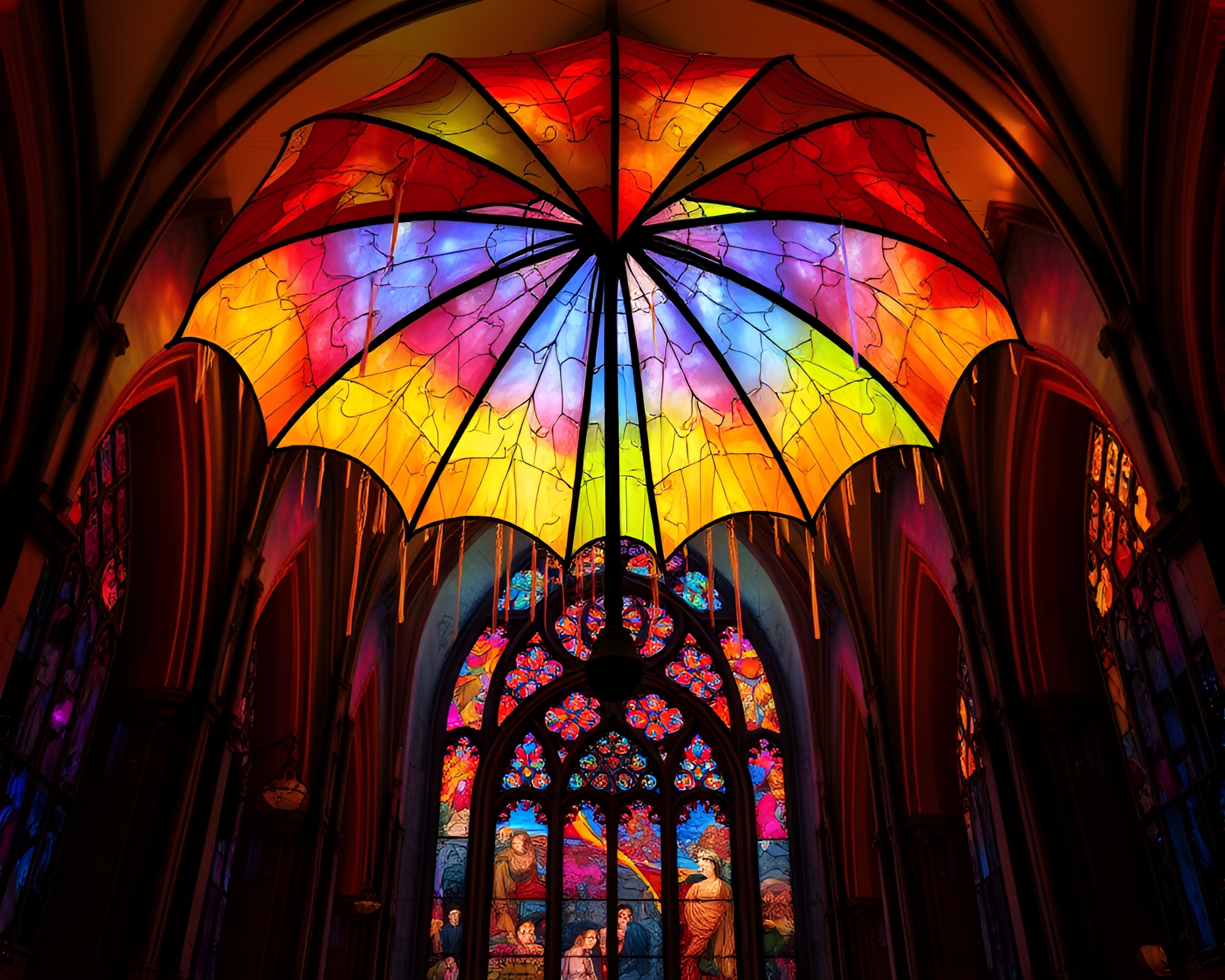 Neon-lit umbrella in cathedral paper tear mural – free AI stock image