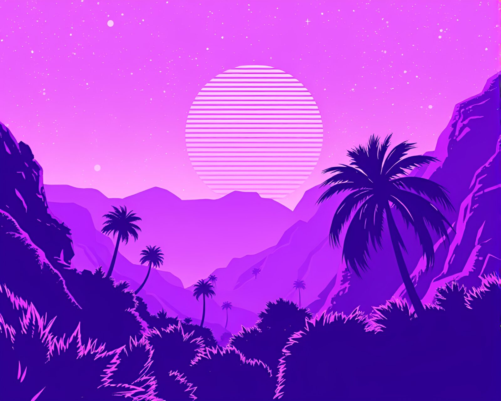 Illustration of lush oasis with futuristic halftone patterns
