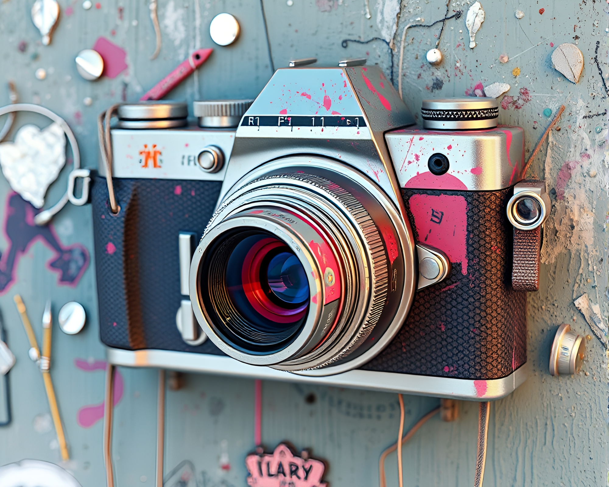 Silver Leaf Camera in Pastel Graffiti World – free AI stock image