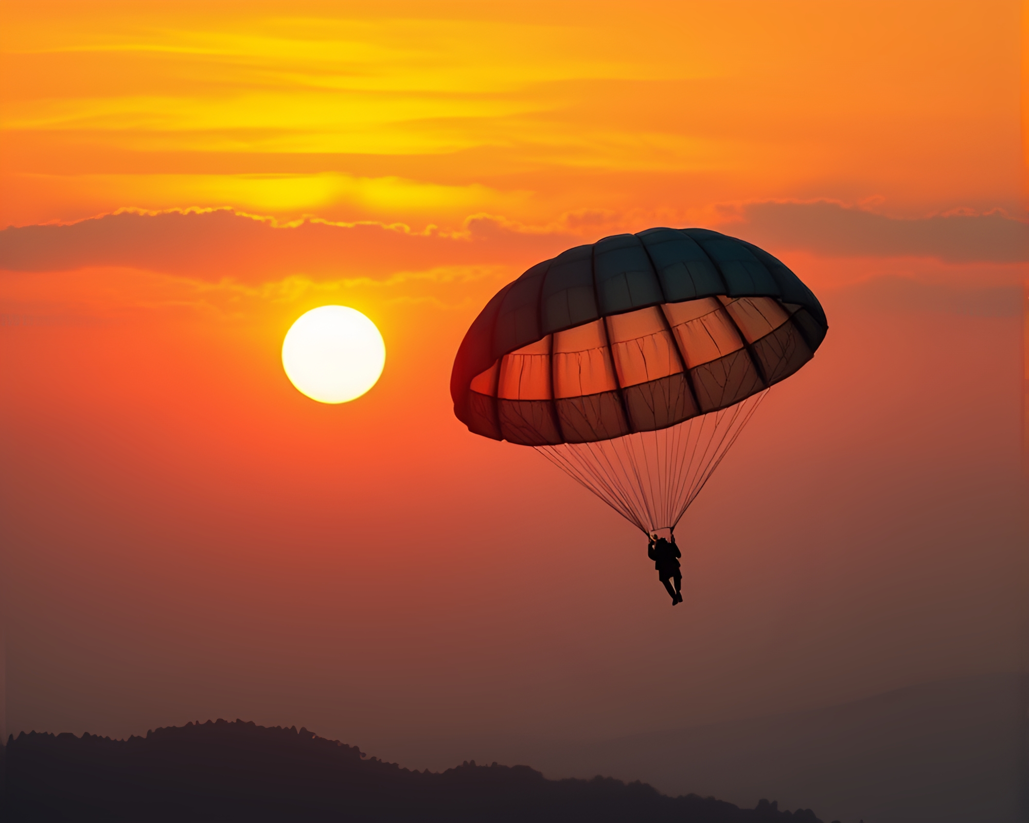 Parachute Jumper in Copper Verdigris Sunset Pointillism – free AI stock image