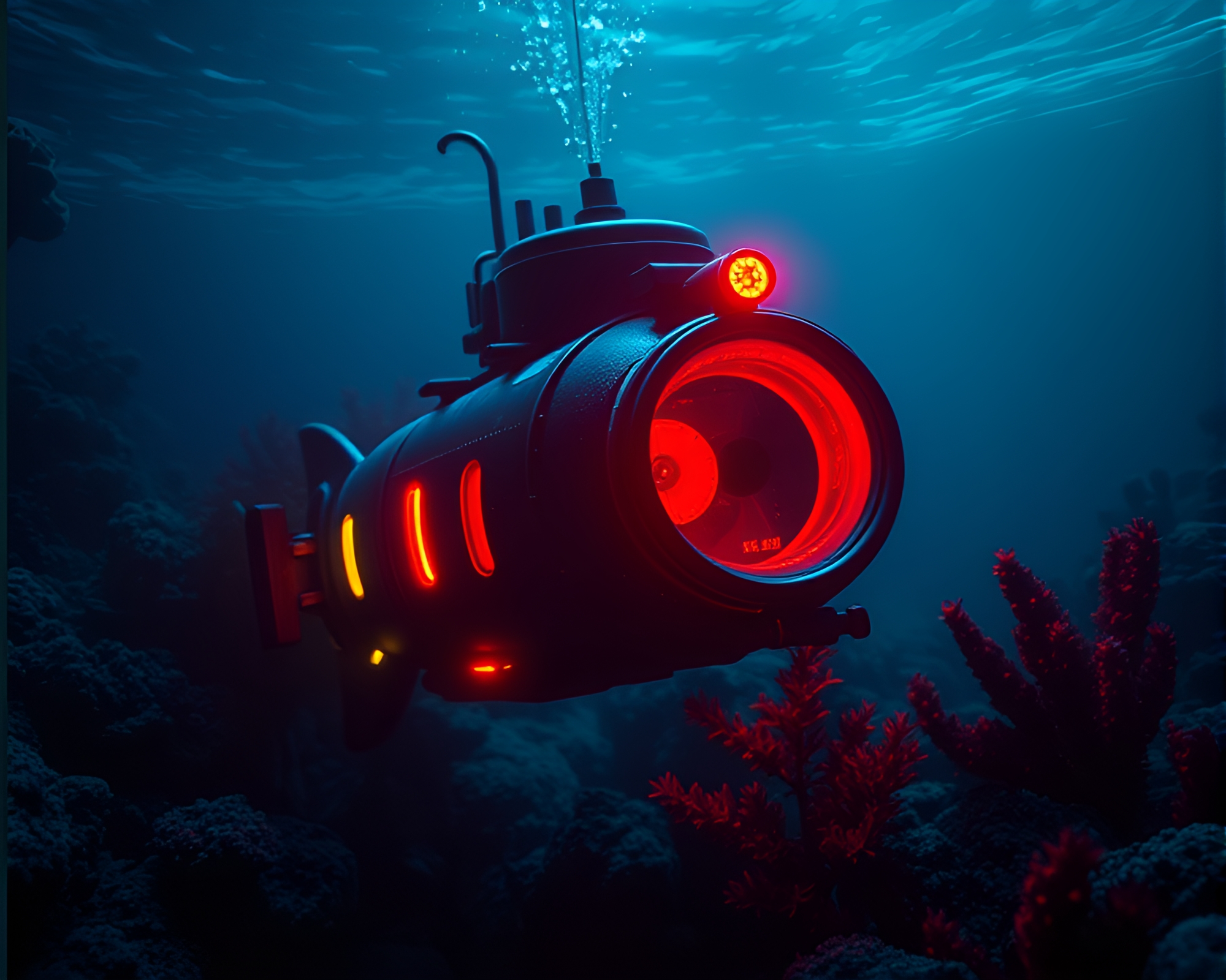Submerged Neon Submarine in Thermal Vignette – free AI stock image