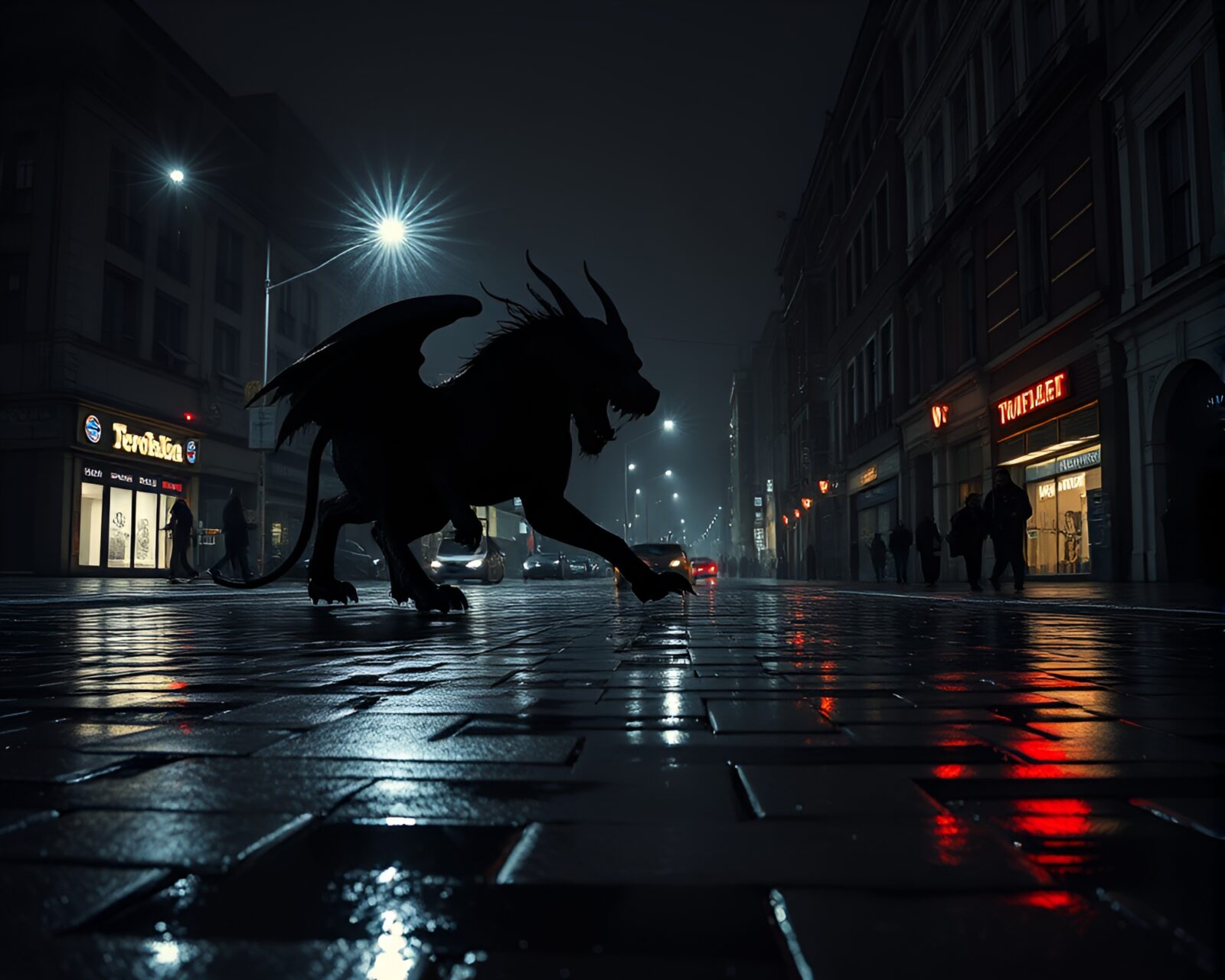 Three-headed dog on wet pavement in dramatic lighting