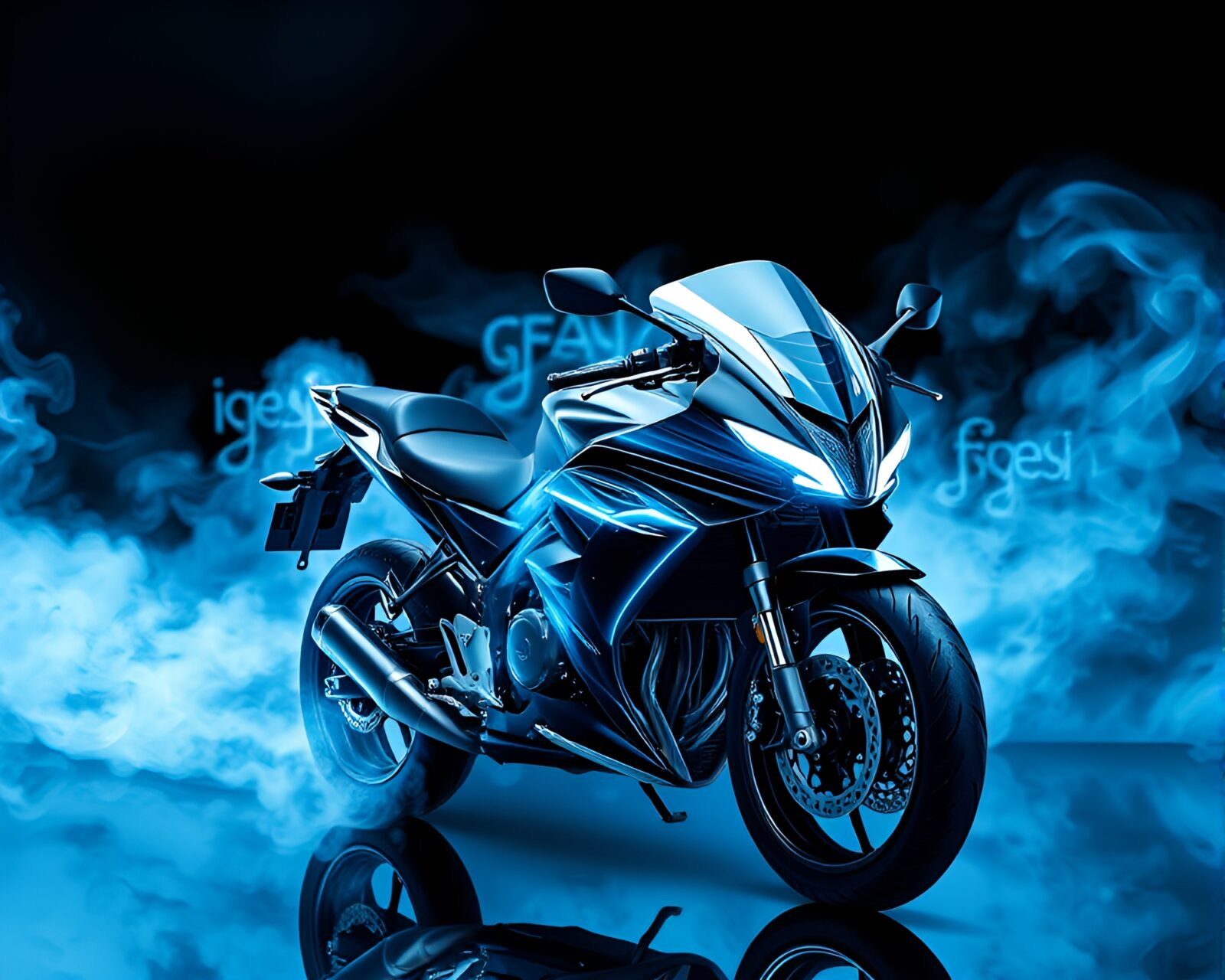 Abstract motorcycle illustration in swirling arctic blue smoke
