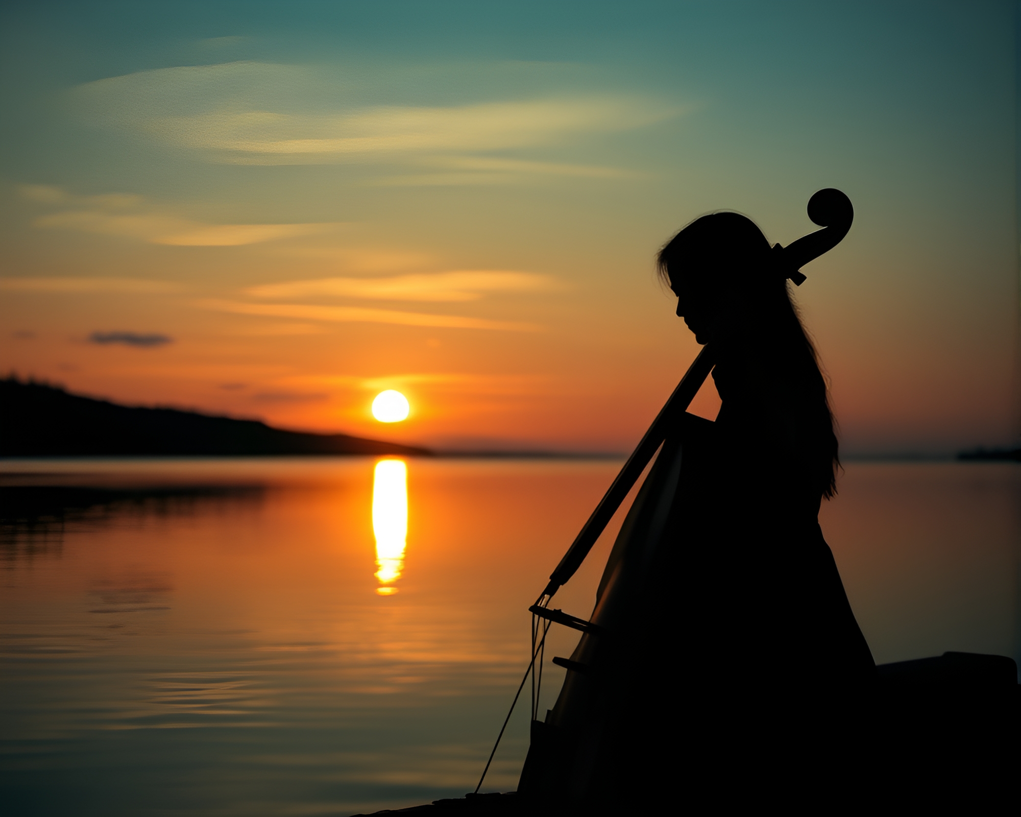 Cello Player’s Turquoise Reflection Silhouette – free AI stock image