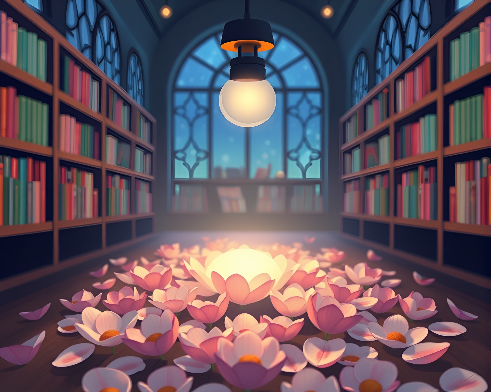 Enchanted Library Time Dilation with Cartoon Flower Petals – free AI stock image