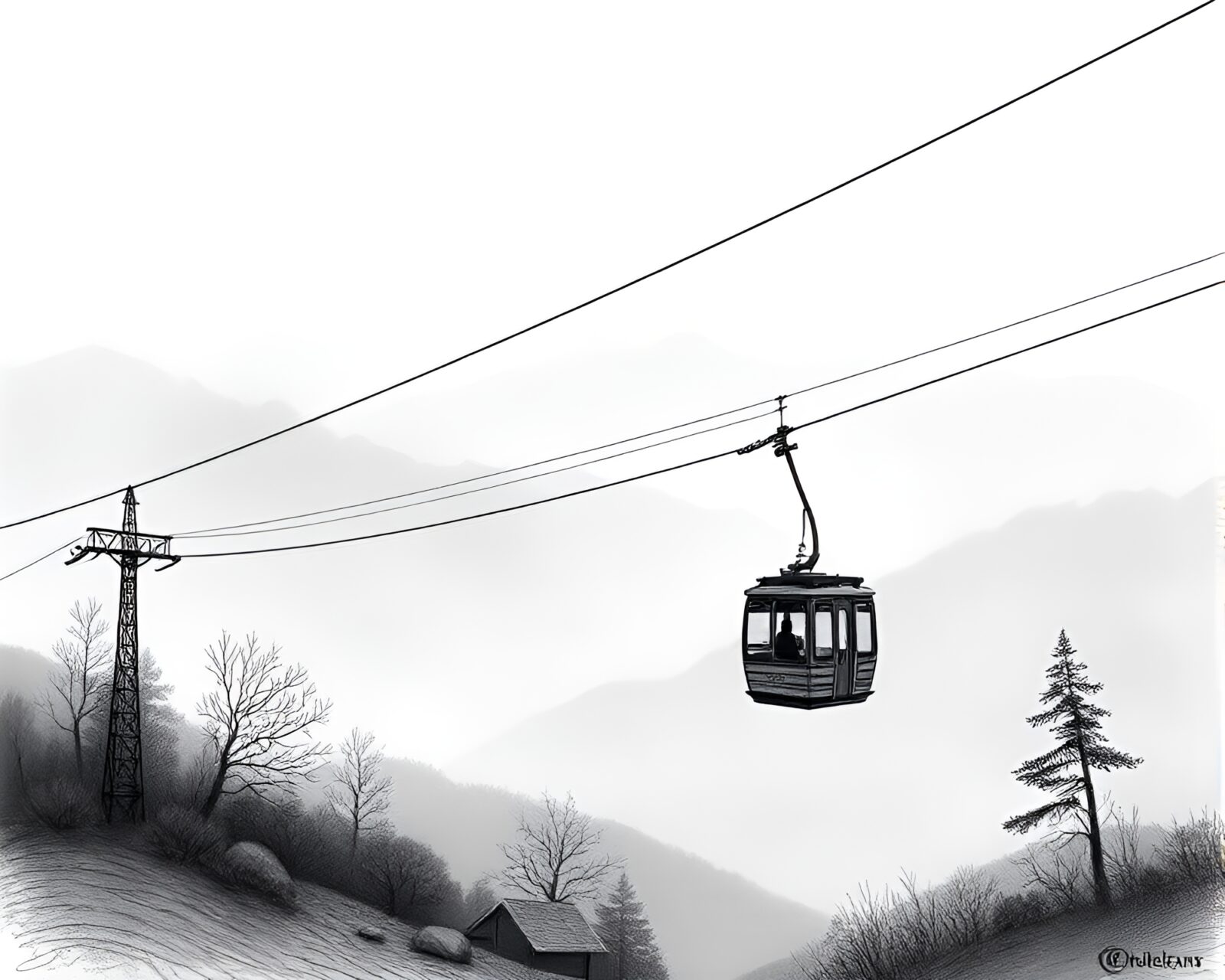 Landscape etching of a misty gondola lift scene