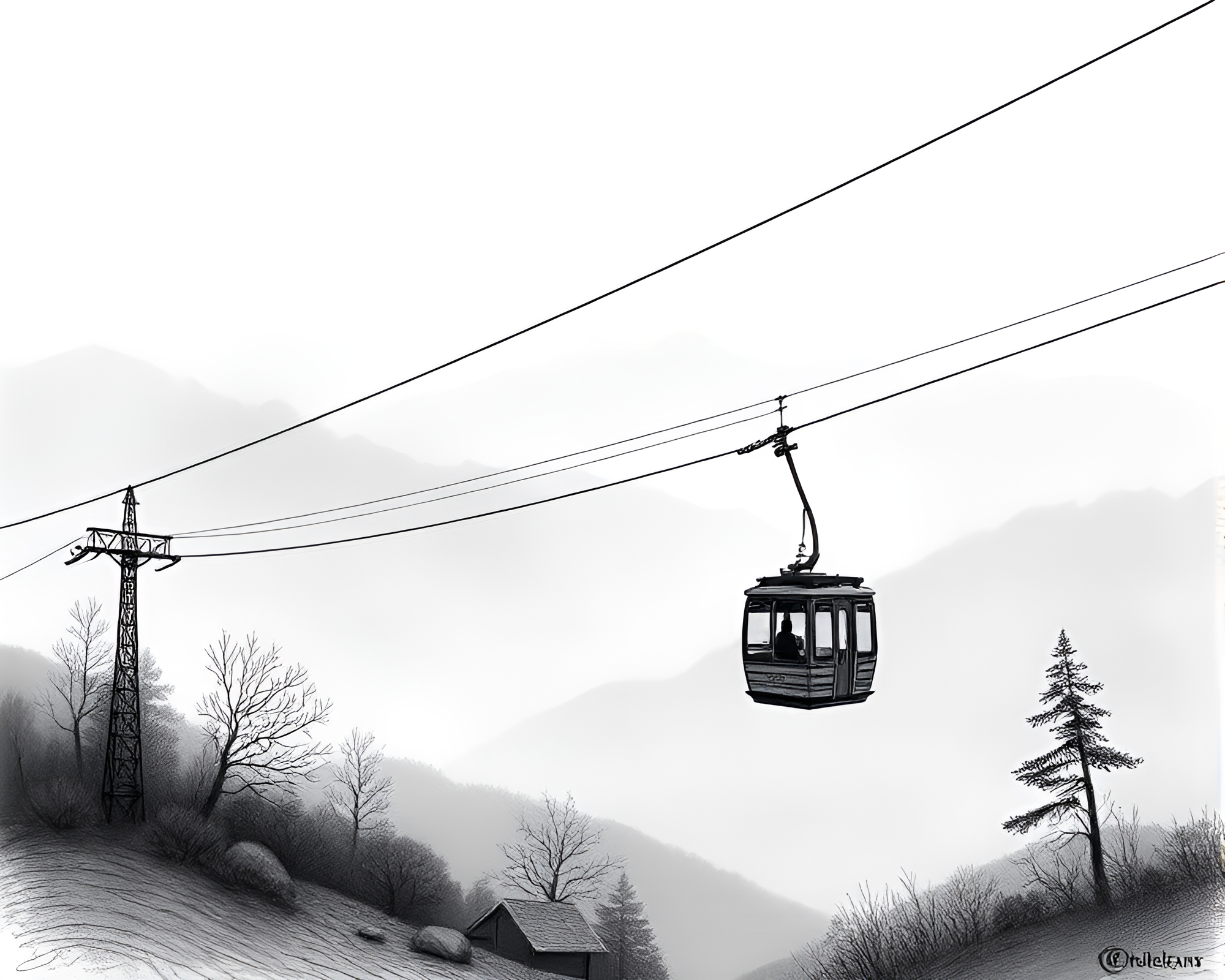 Misty Gondola Lift Etching Landscape – free AI stock image