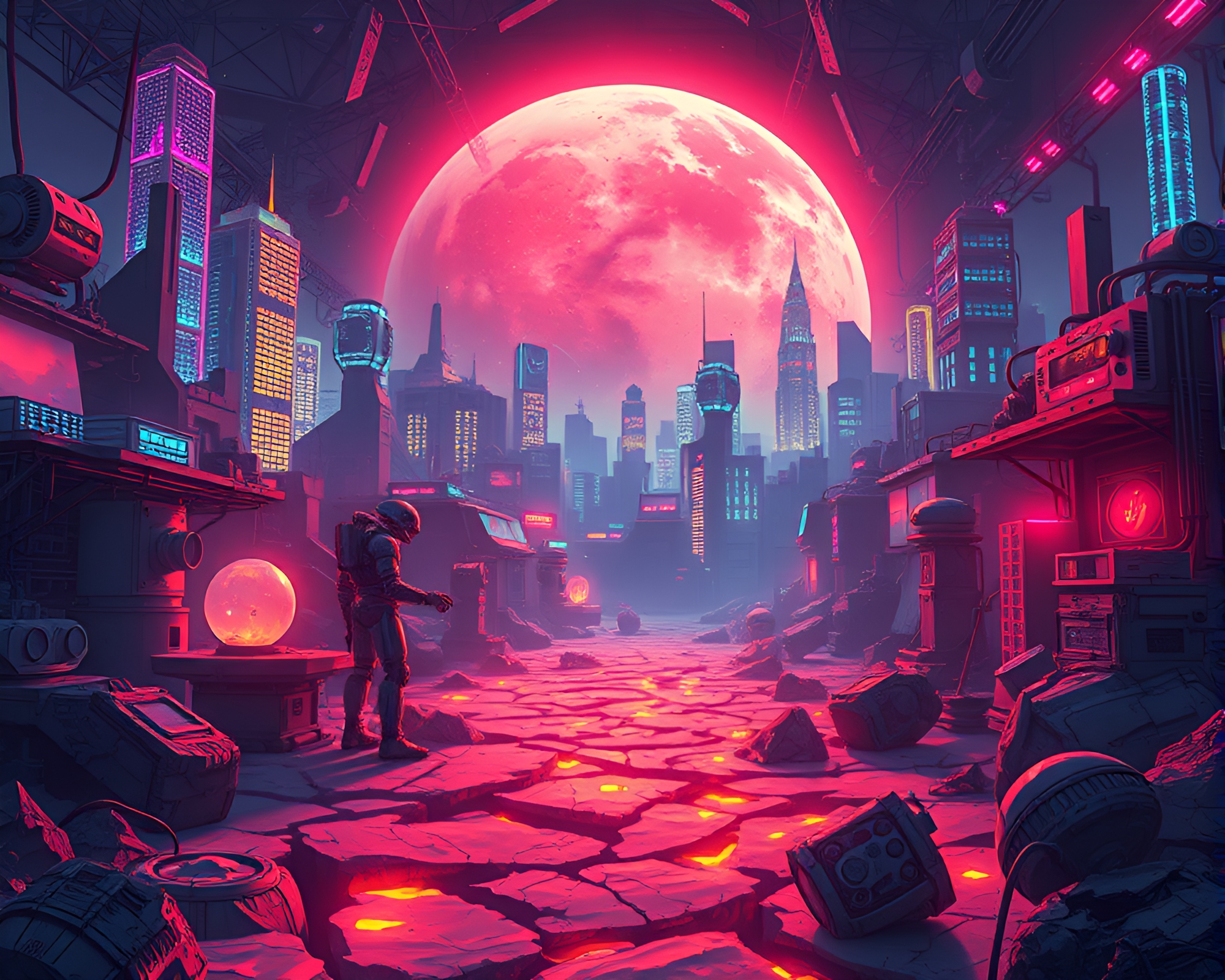 Fantasy Robotics Lab Glows in Neon City – free AI stock image
