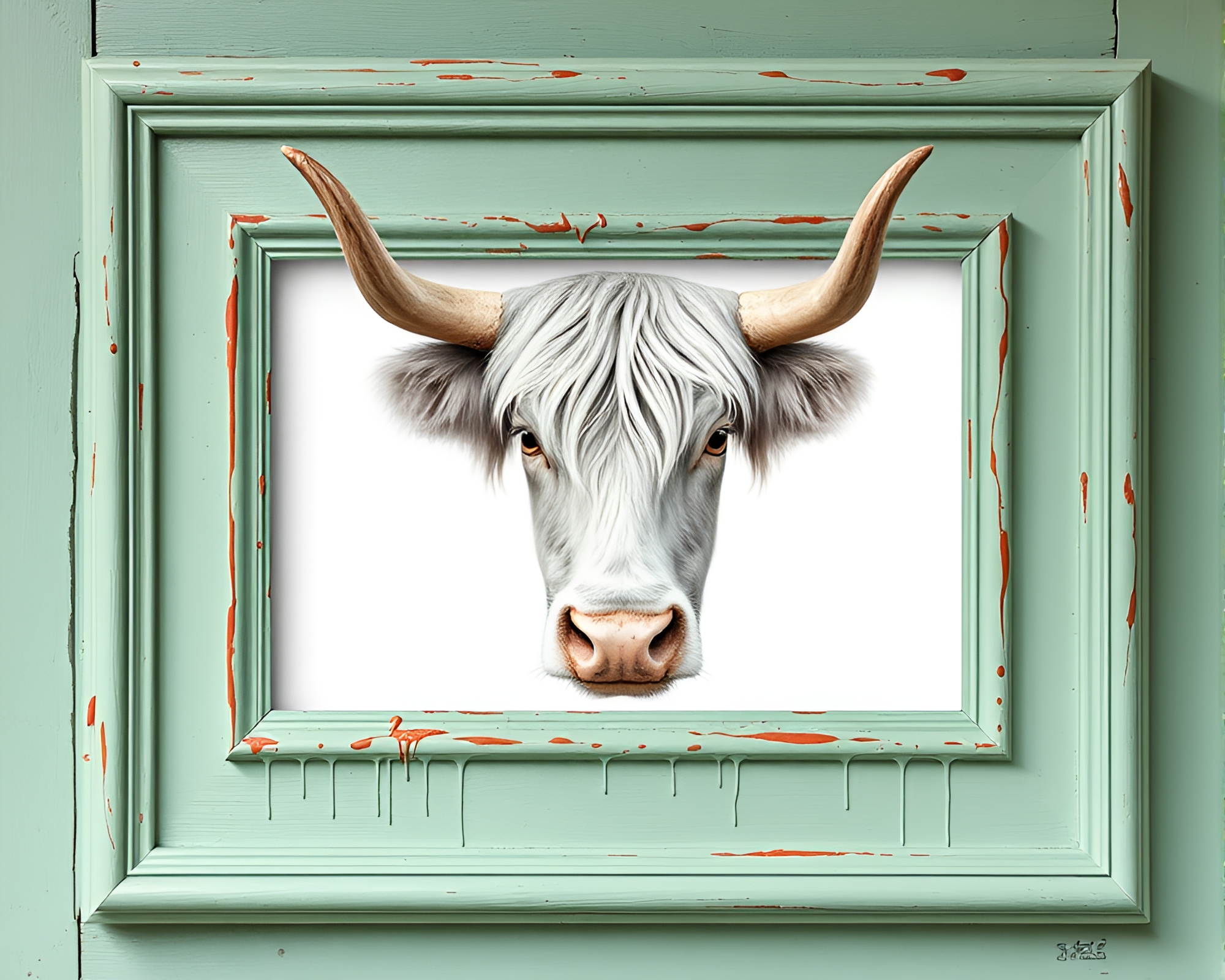 Highland Cow in Mint Green Dripped Paint Frame – free AI stock image