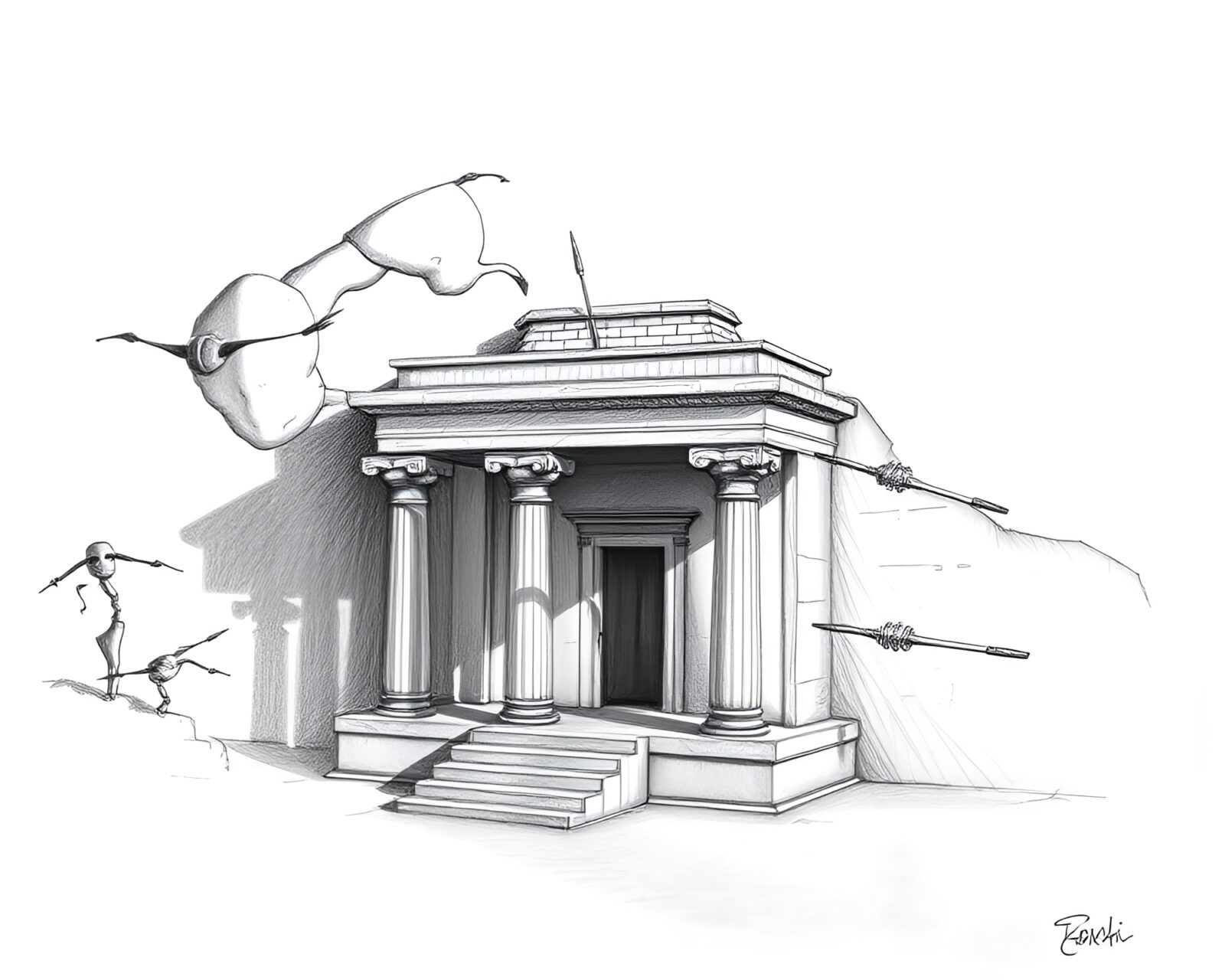 Detailed pencil sketch of temple in earthy tones