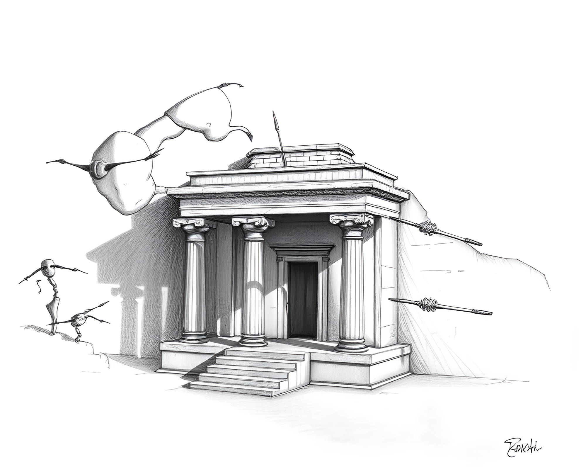 Temple Shadows: Earth Tone Pencil Sketch Art – free AI stock image