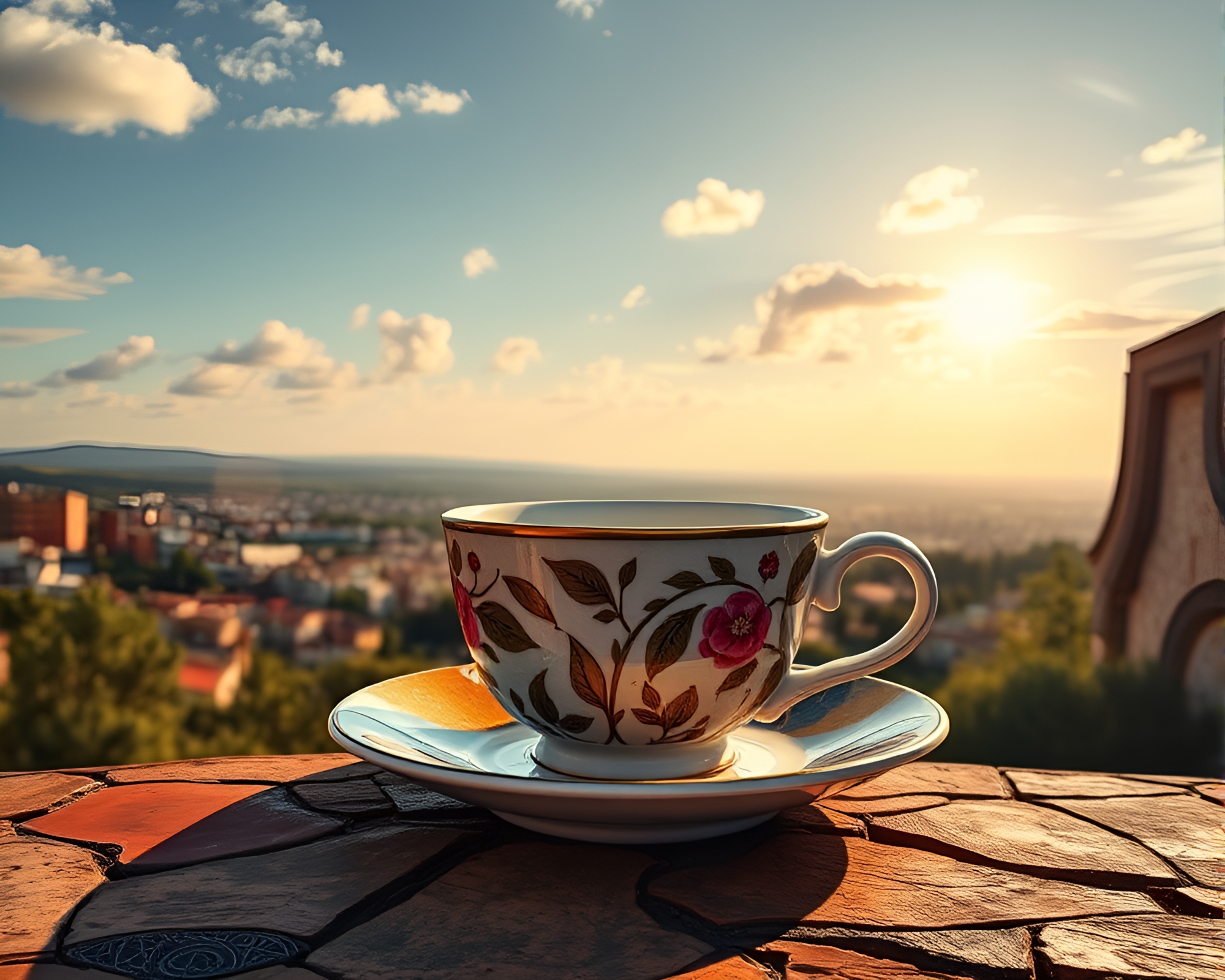 Coffee Cup Panoramic View in Jewel Tones – free AI stock image