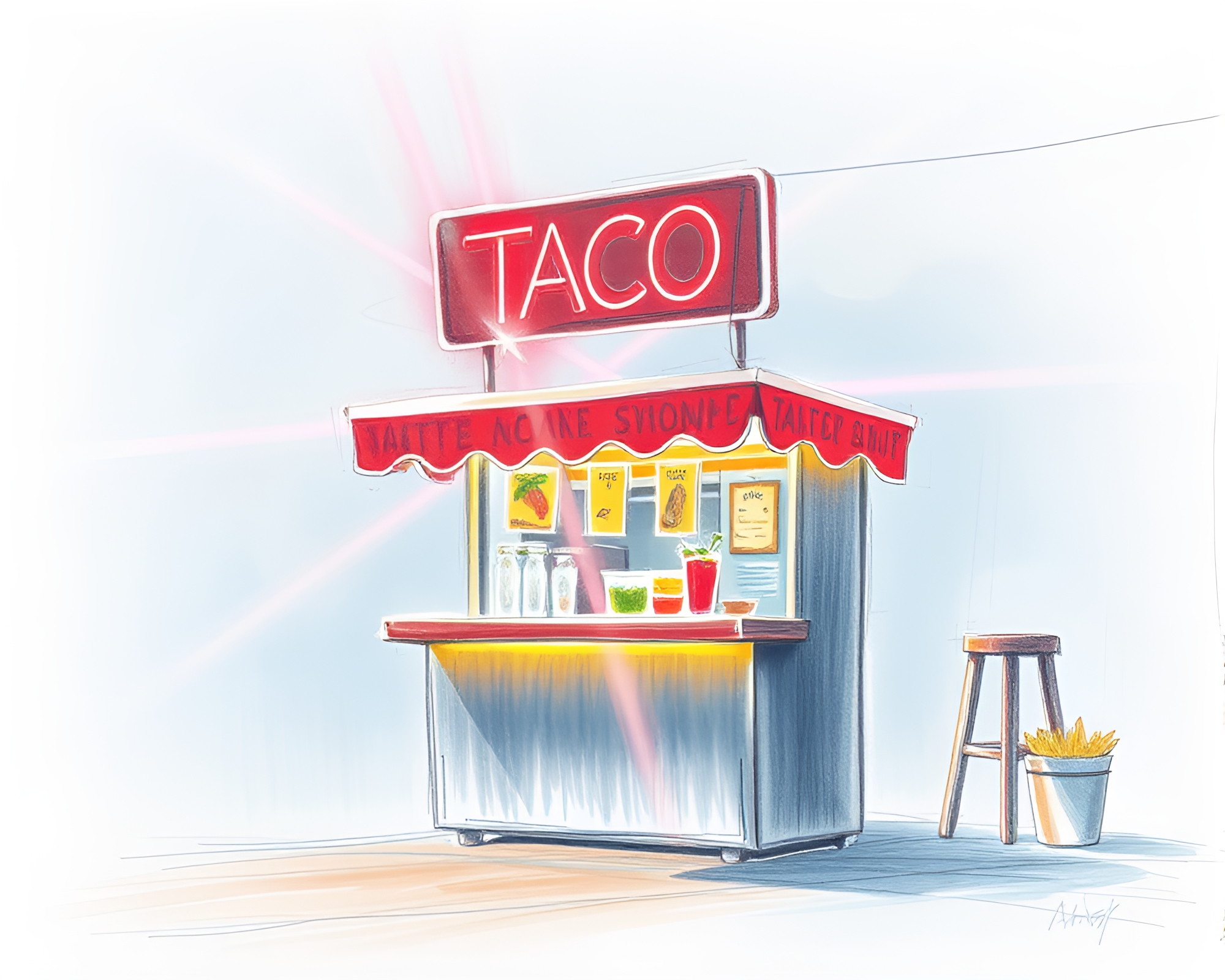 Neon Glow Taco Stand Pencil Sketch with Lens Flare – free AI stock image