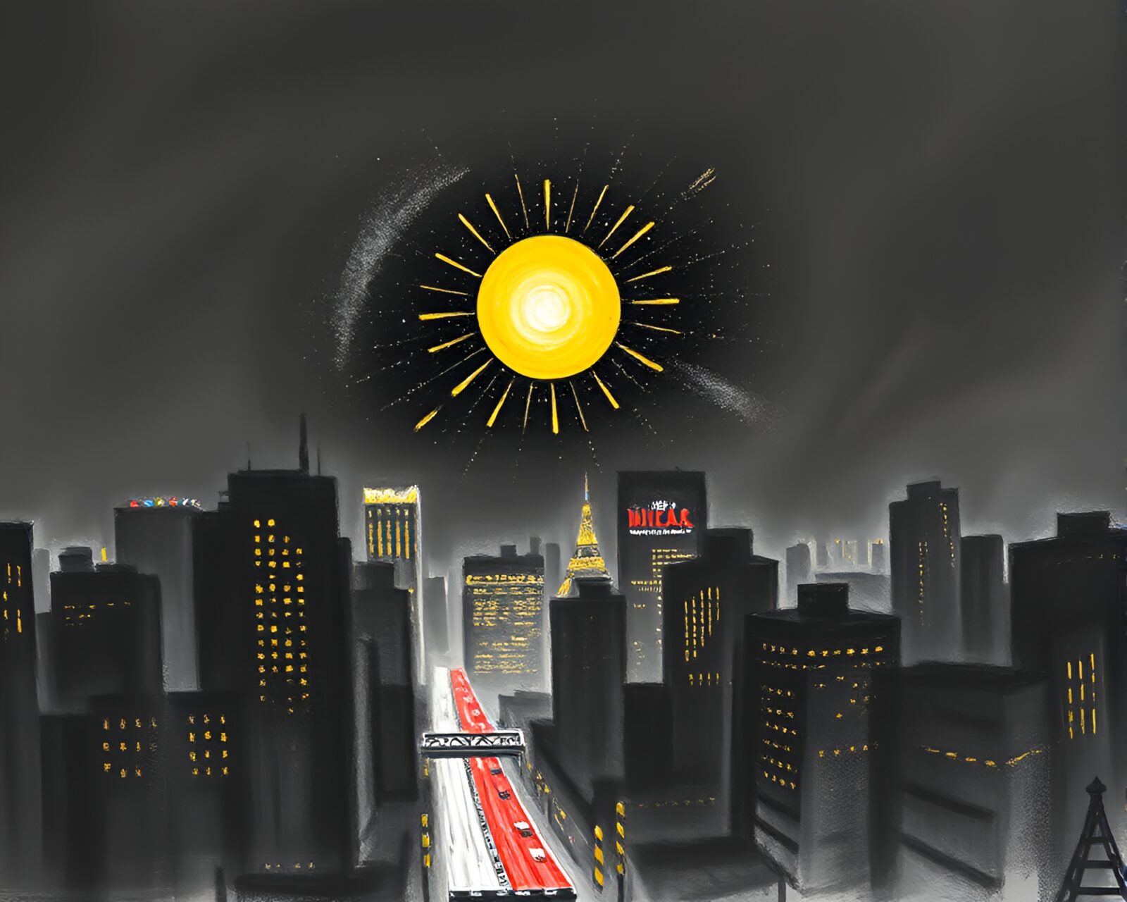 Night city skyline hand-painted fan in charcoal art style