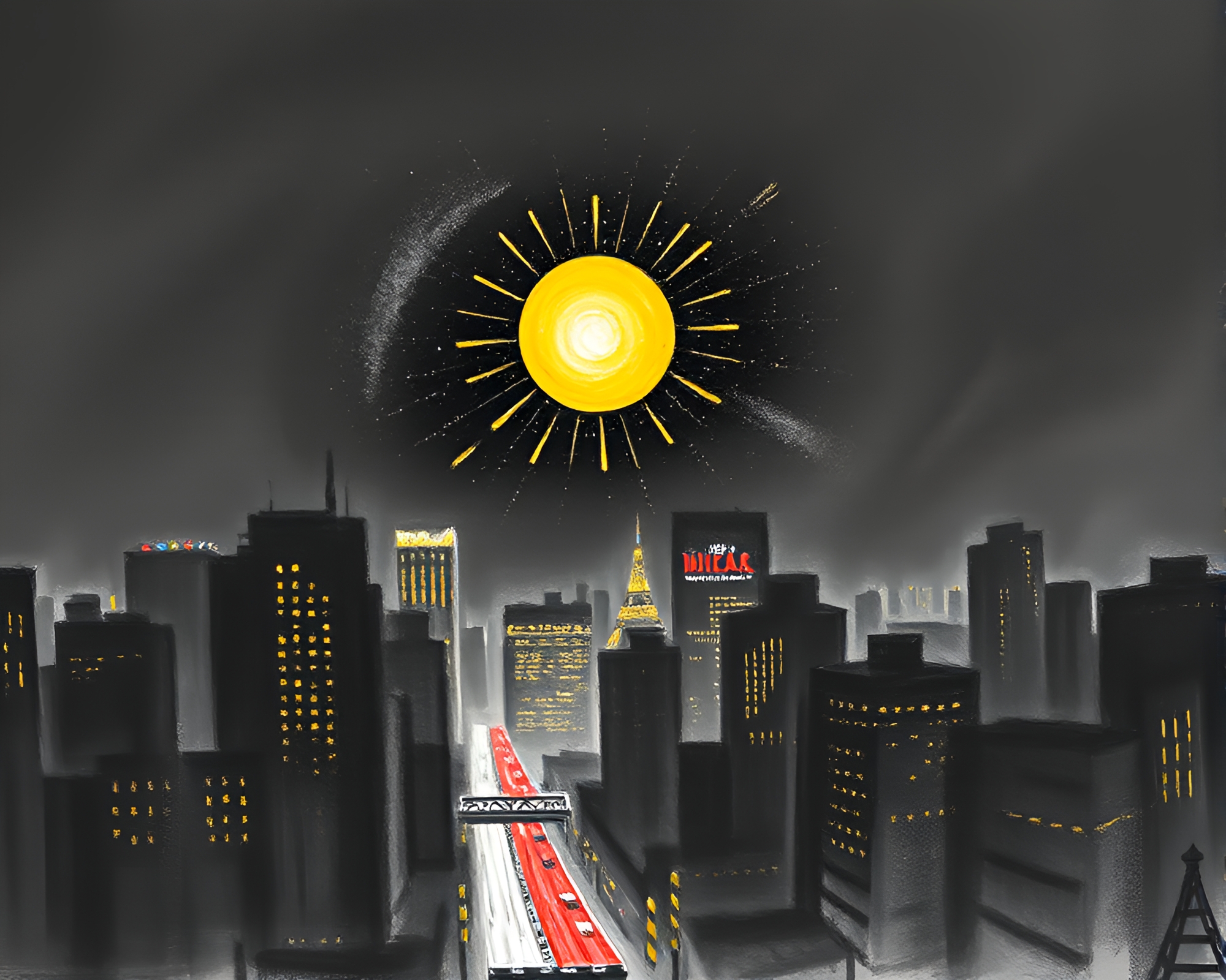 Cityscape Hand-Painted Fan Charcoal Sketch With Sun Glares – free AI stock image