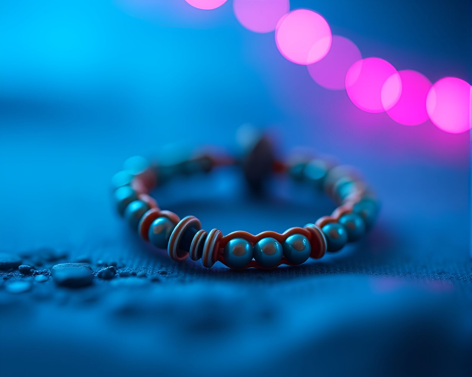 Soft focus background showcasing a cartoon-style bracelet in surreal hues.