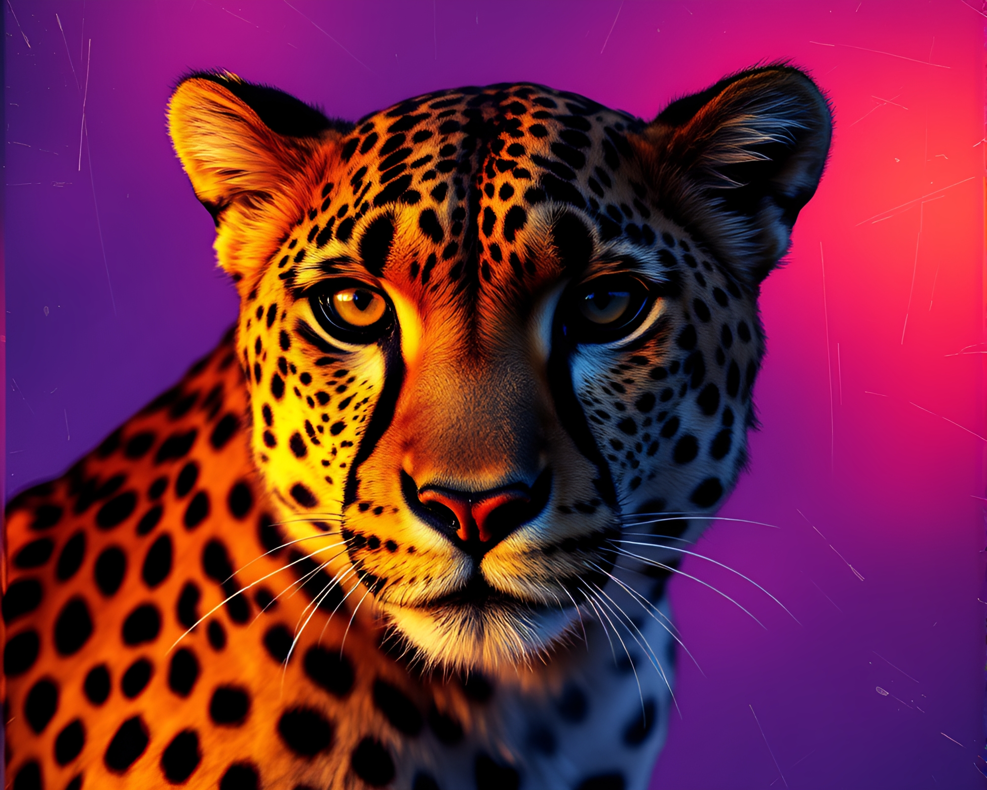 Shimmering Dawn Mist over Metallic Scratch Cheetah in Ultraviolet Hues – free AI stock image