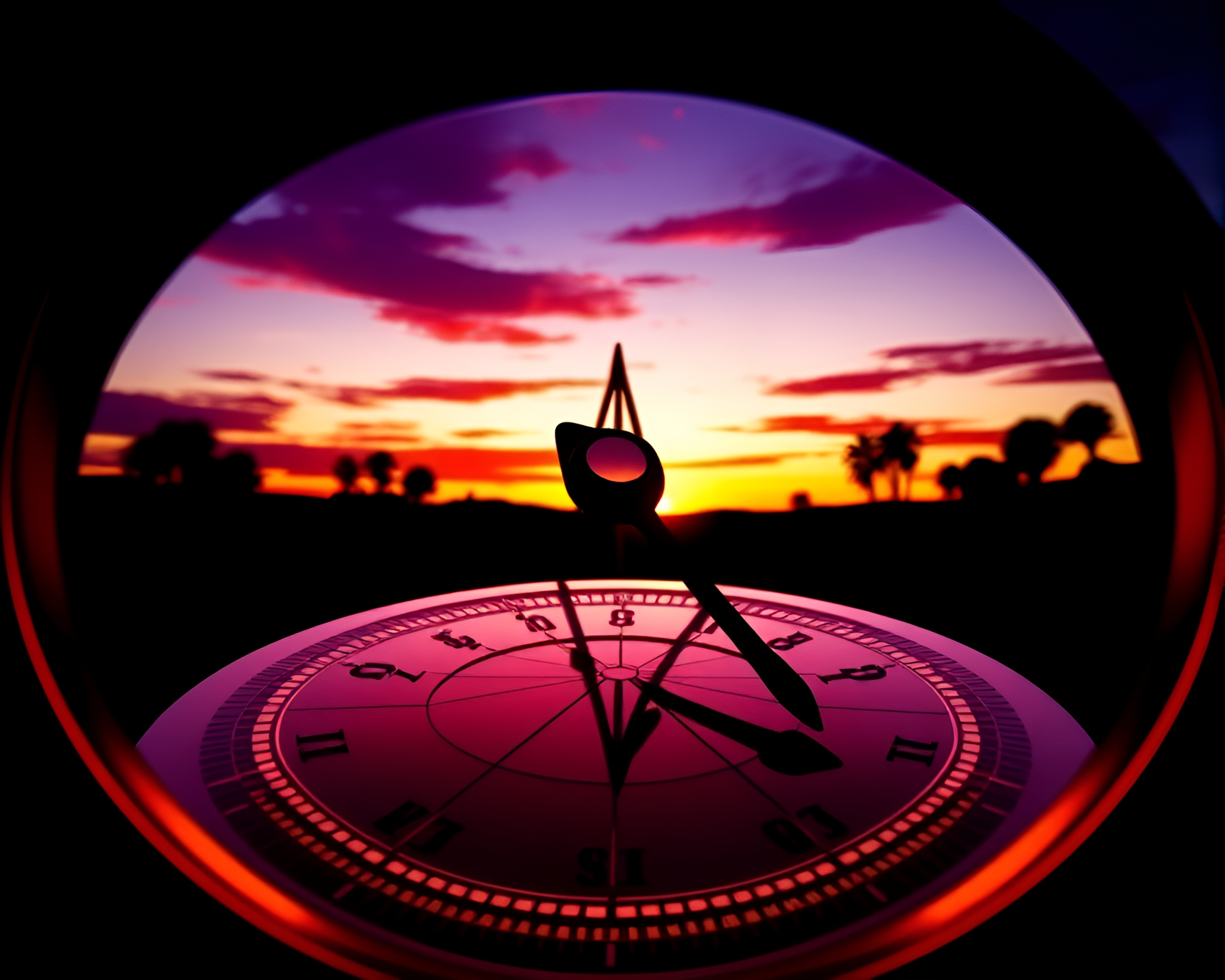 Cubist Pocket Sundial Silhouette in Aurora Colors – free AI stock image