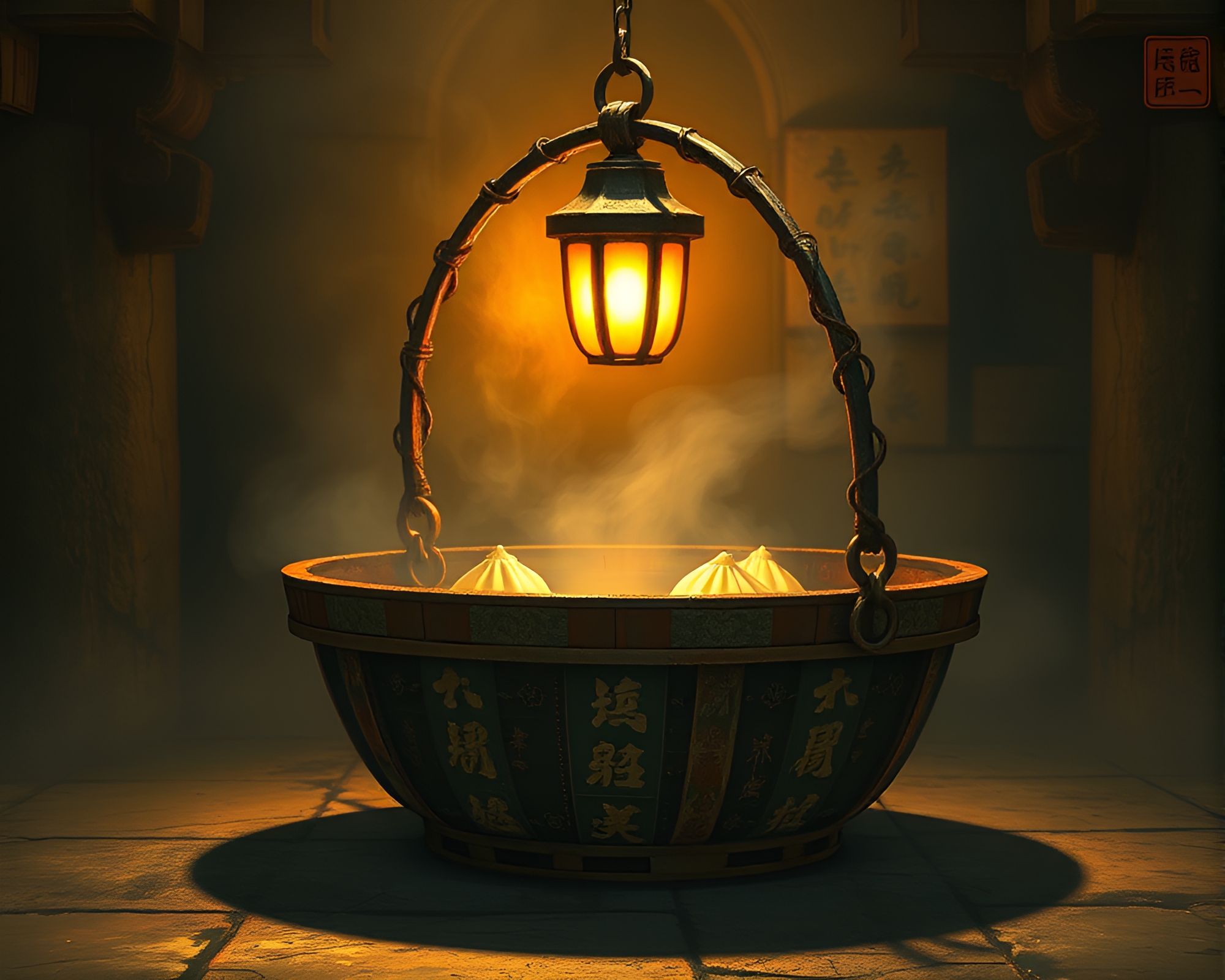 Rustic Dim Sum Basket Illuminated by Dungeon Torchlight – free AI stock image