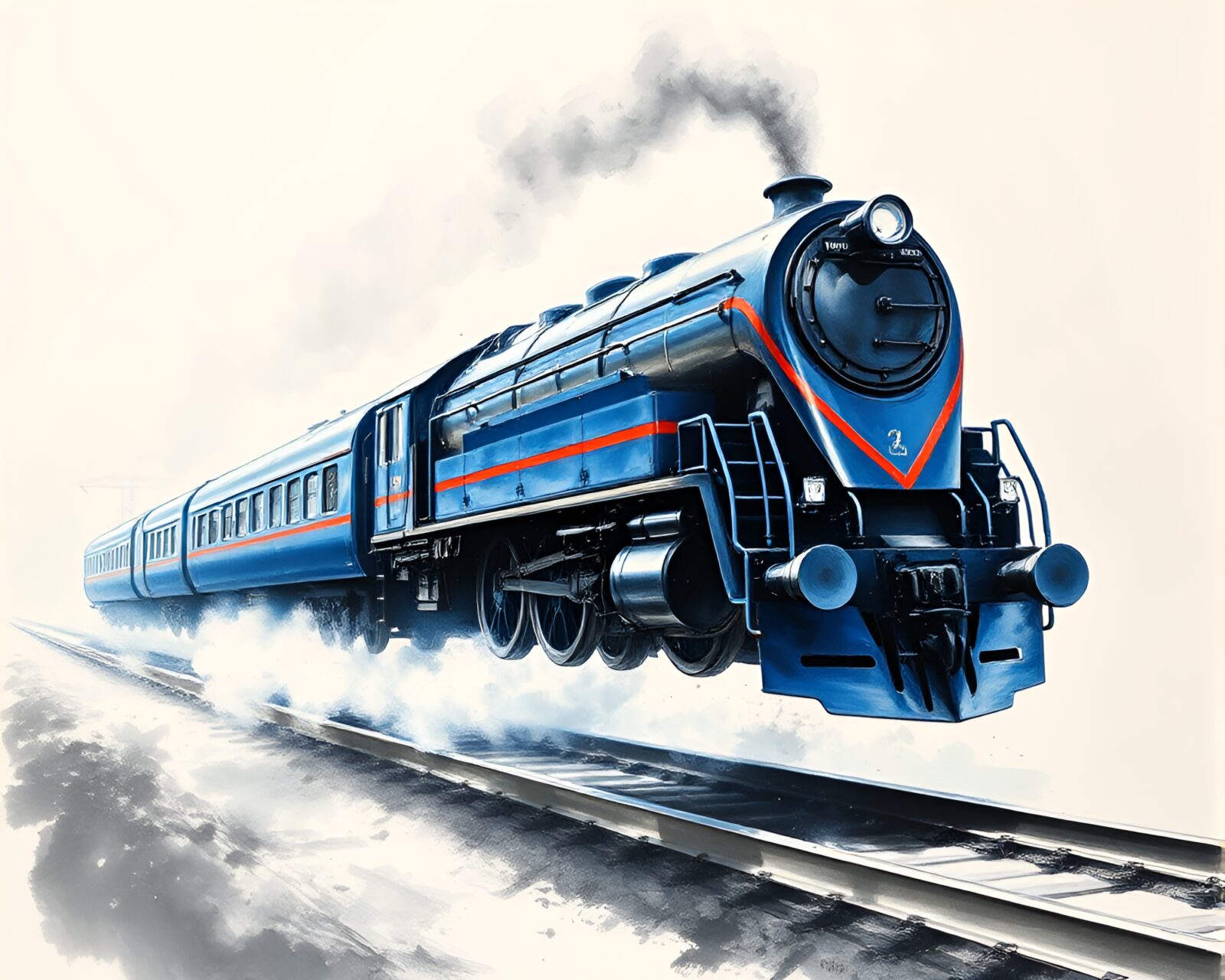 Detailed charcoal strokes depict magnetic train floating in blue ambiance