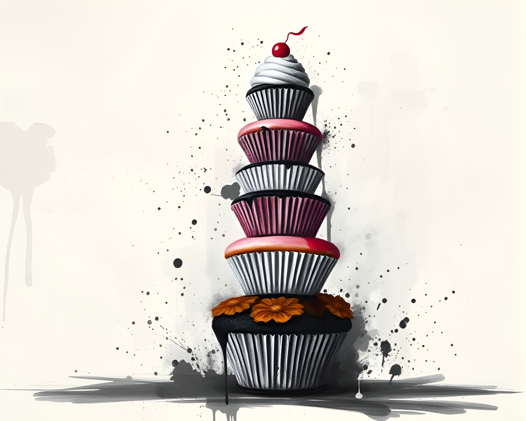 Charcoal Cupcake Tower in Algorithmic Splatter Art – free AI stock image