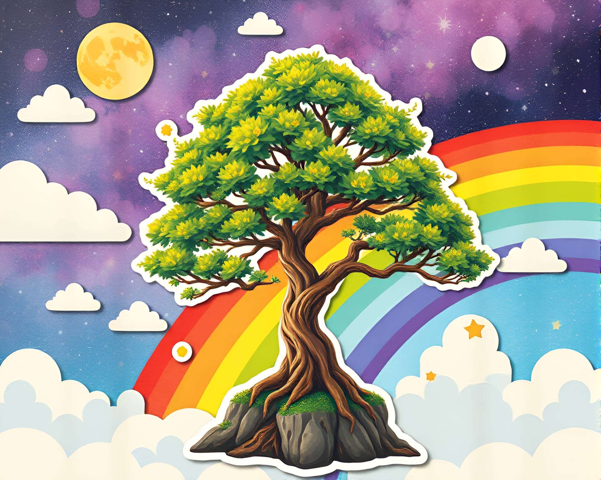 Cosmic Rainbow Bonsai Collage Cartoon Cutout Art – free AI stock image