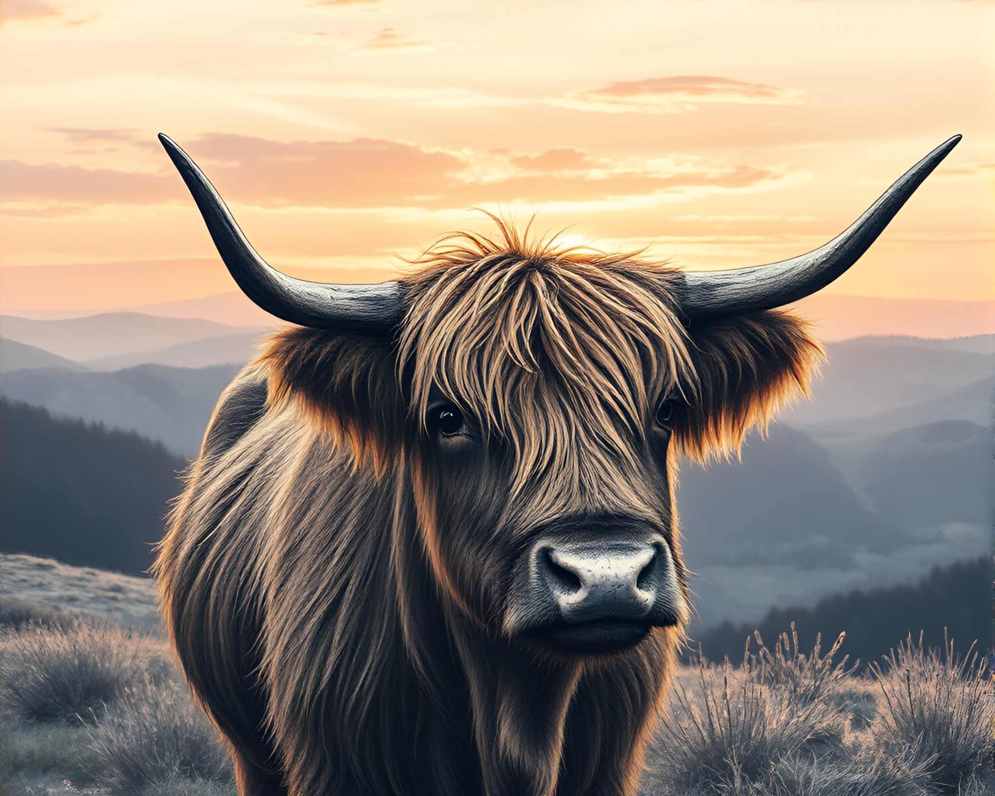Highland Cow Crosshatched Etching at Sunrise – free AI stock image