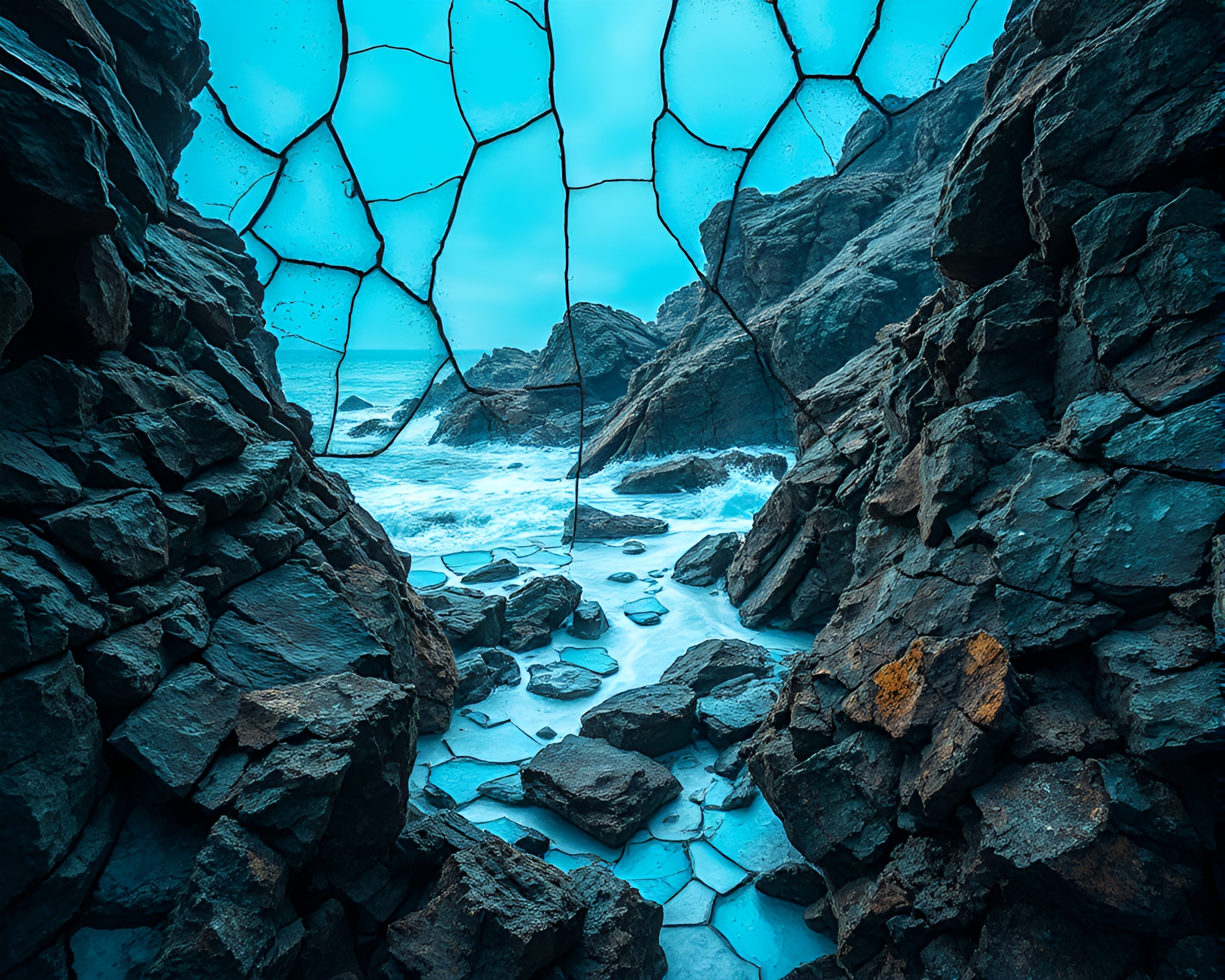 Torn Edges of Ice: Rocky Coastline Stained Glass – free AI stock image