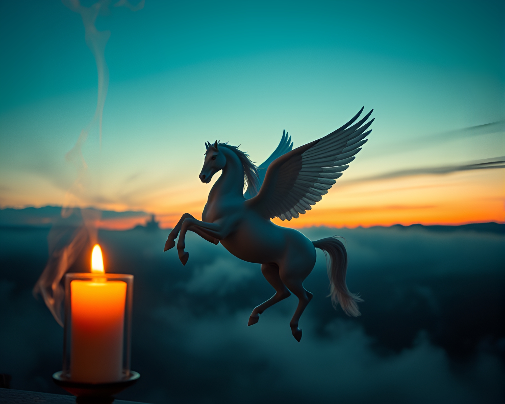 Twilight Blue Hour Pegasus in Utopian Candle Smoke – free AI stock image