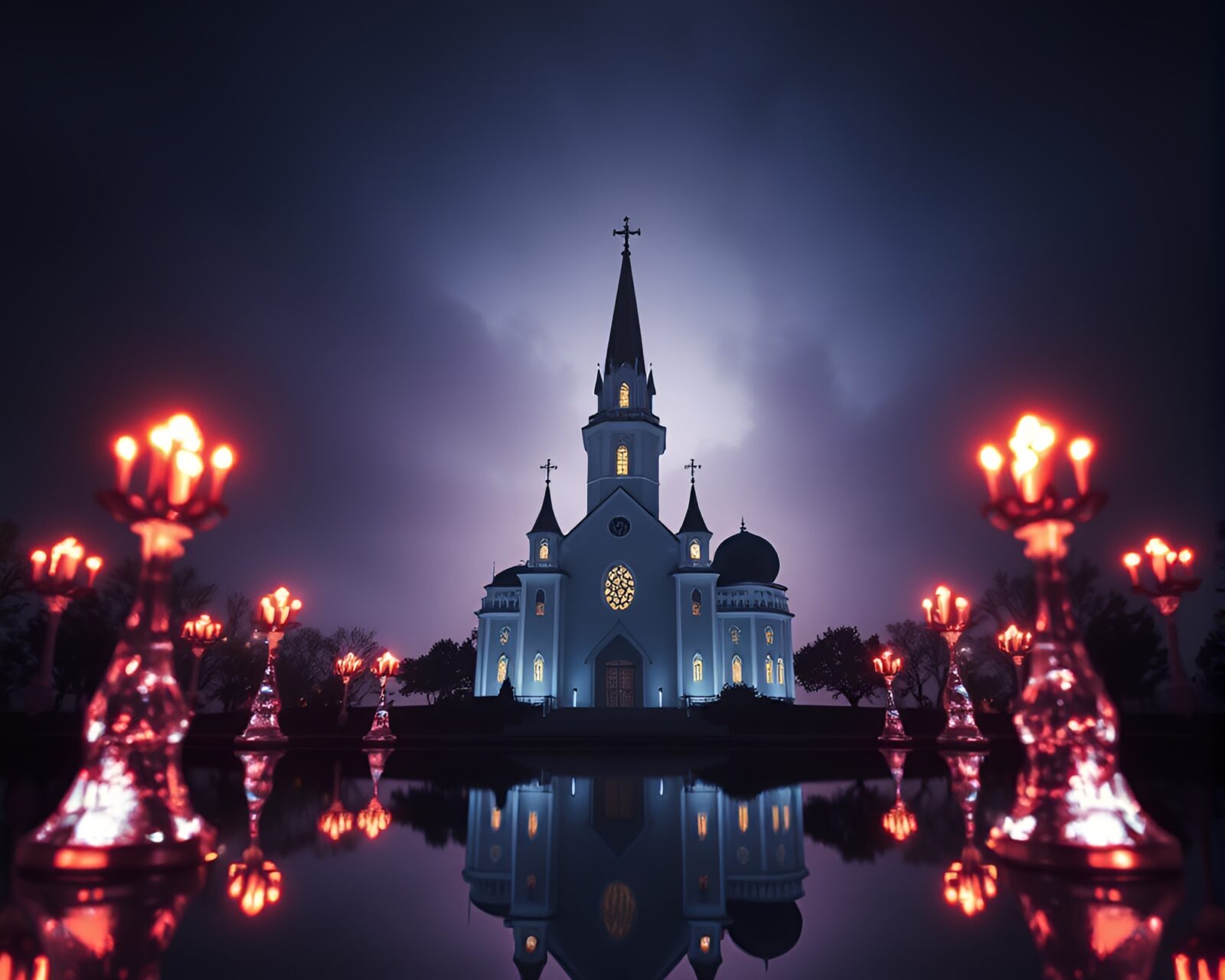 Silhouetted floating crystal glowing in church candlelit atmosphere