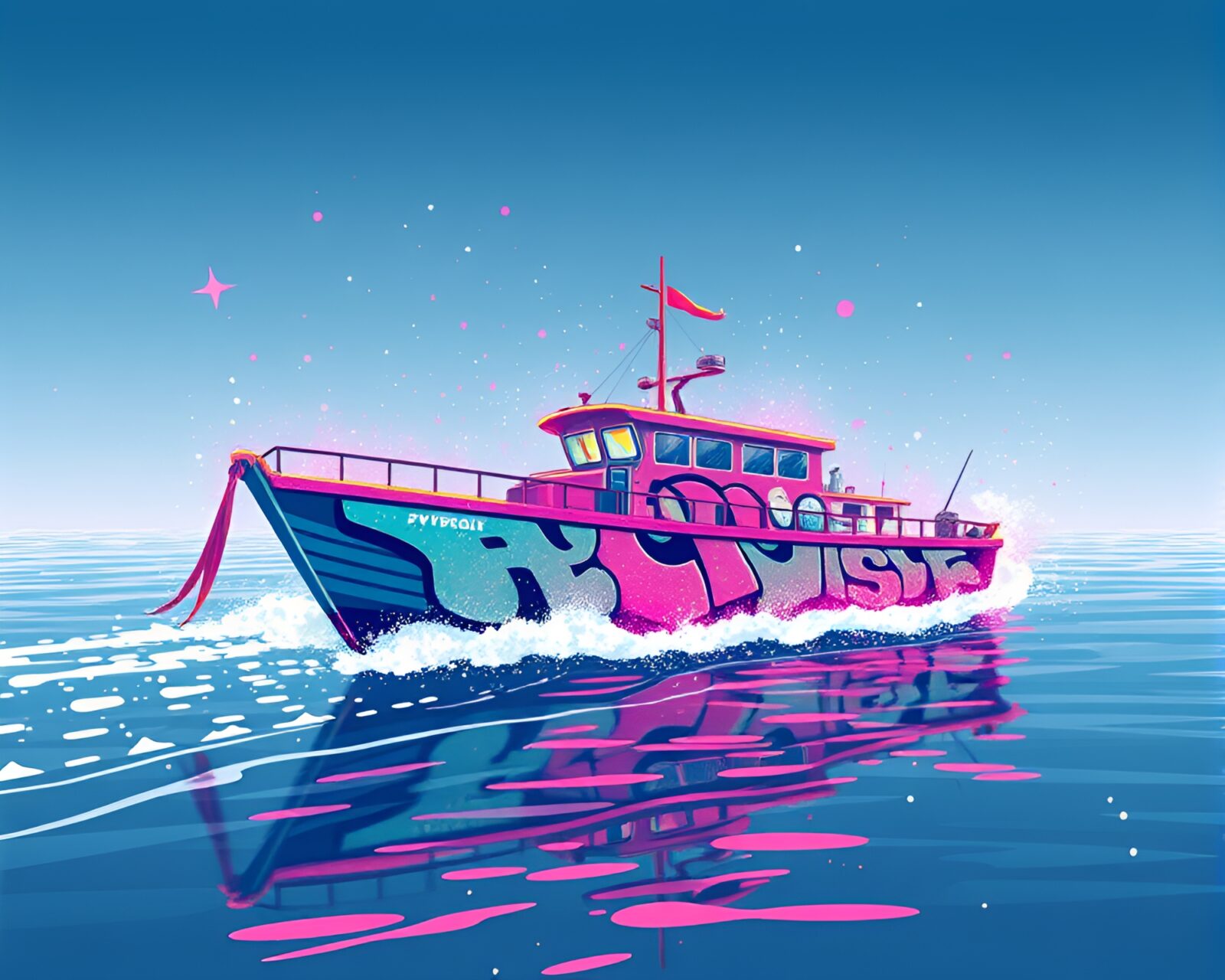 Colorful 8-bit boat on floating pastel particles with graffiti