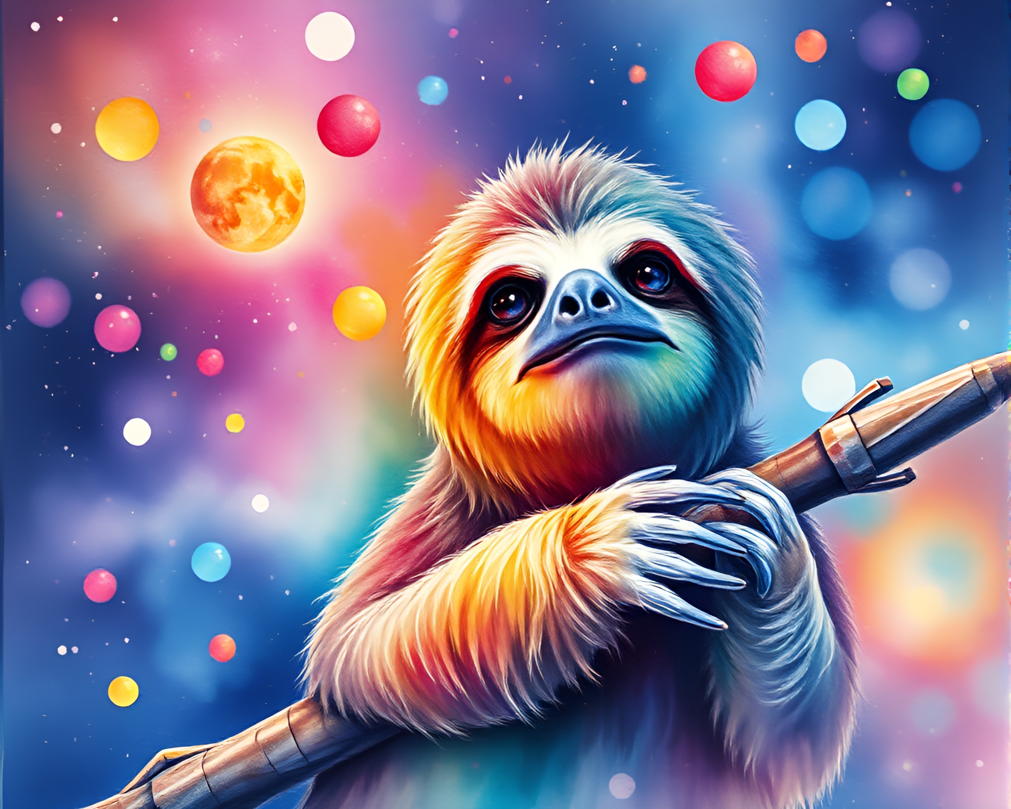 Sloth in Cosmic Rainbow Haze Watercolor Painting – free AI stock image