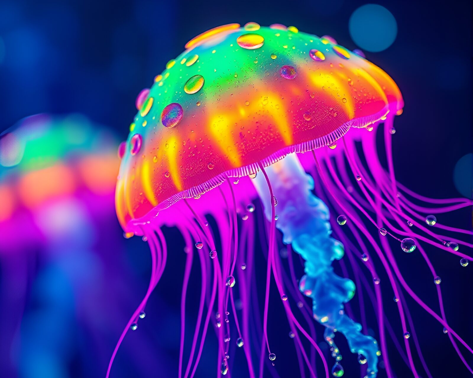 Surreal algorithmic art of glowing jellyfish in dewy landscape
