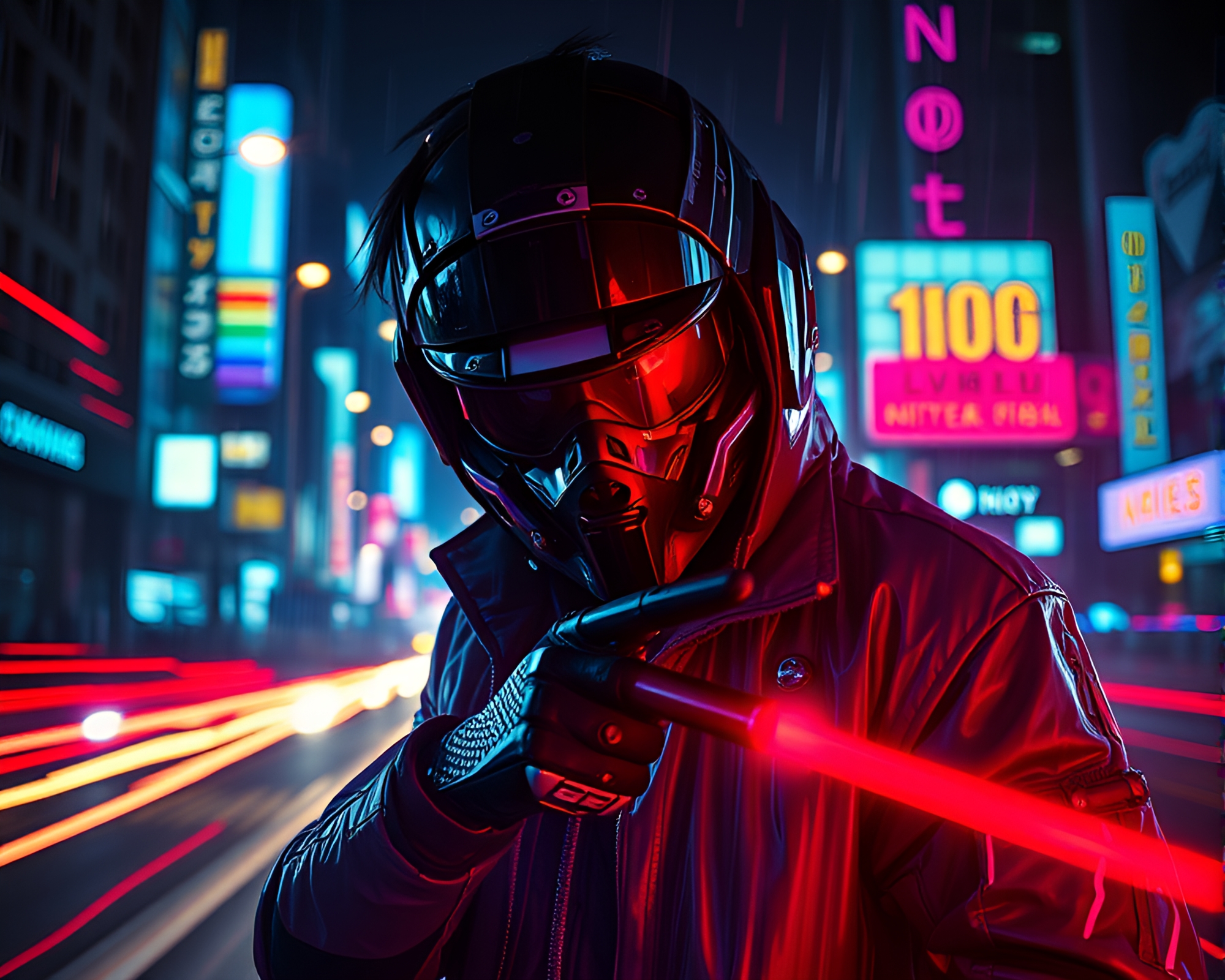 Cyberpunk Vigilante in High Saturation Light Trails – free AI stock image