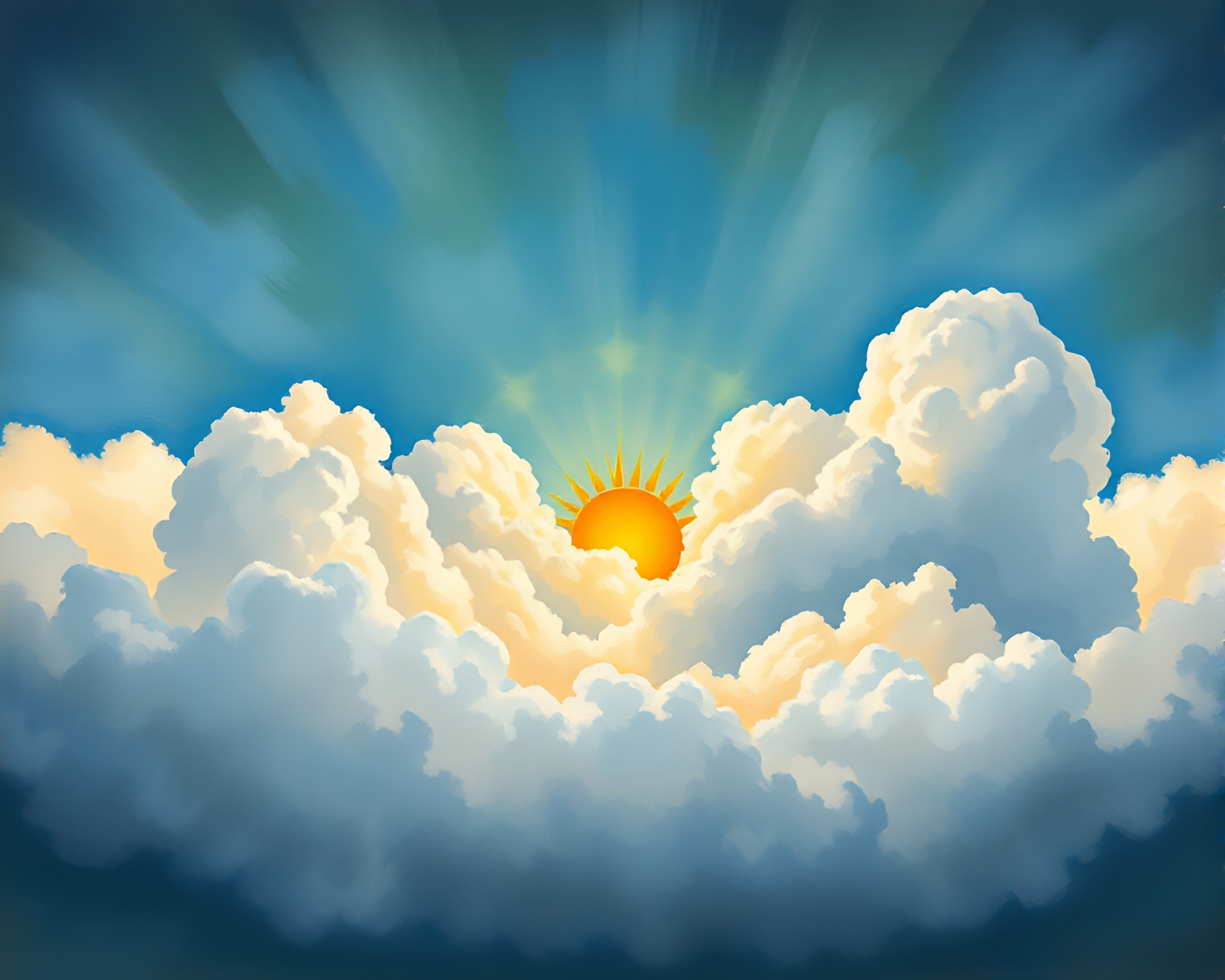 Gouache painting of intricate pocket sundial amid dramatic cloud formations – free AI stock image