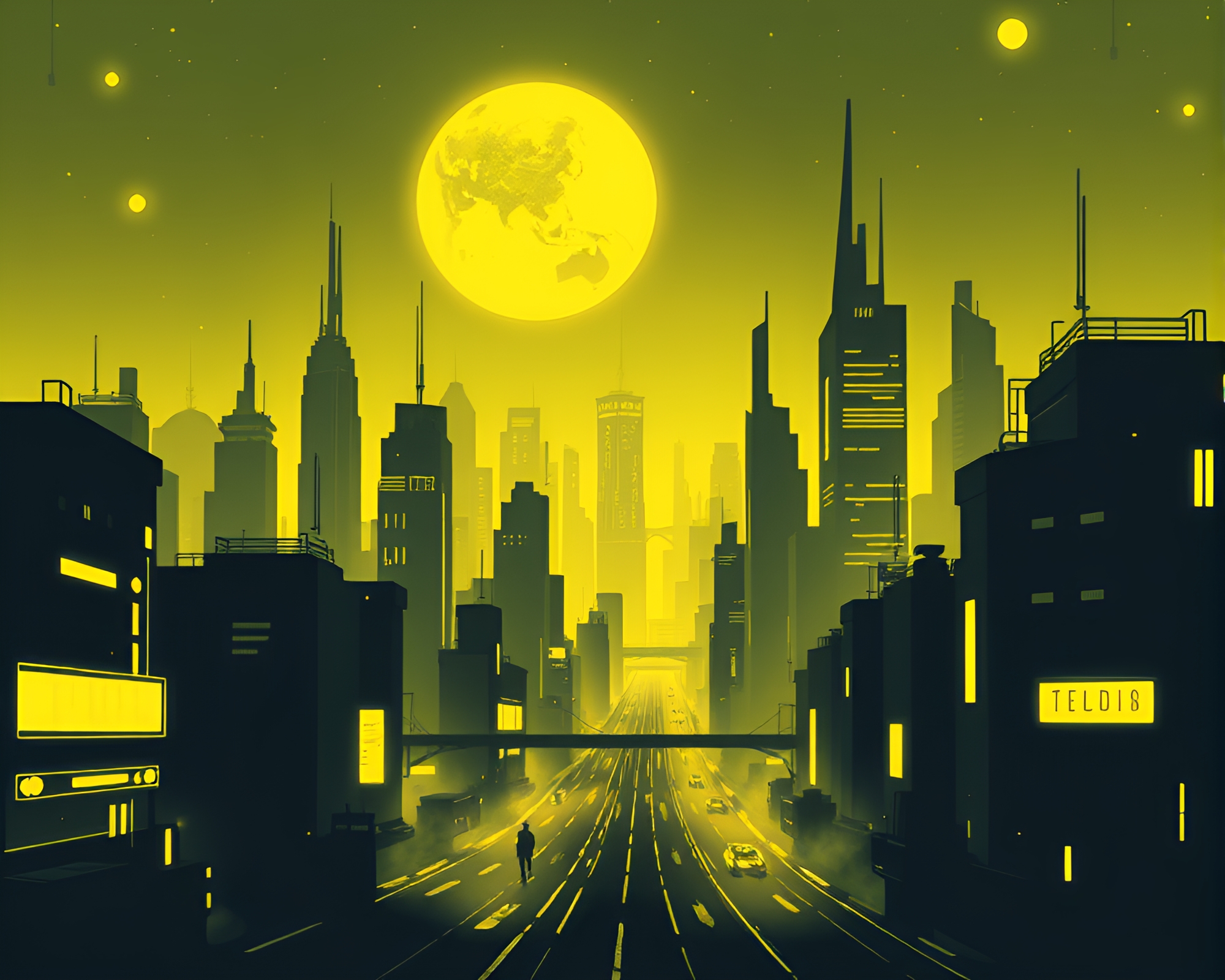 Futuristic Stencil Cityscape Glowing in Negative Space – free AI stock image