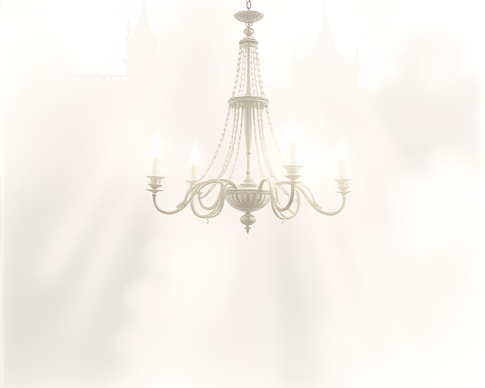Ethereal fog enveloping a warm chandelier in sketch form