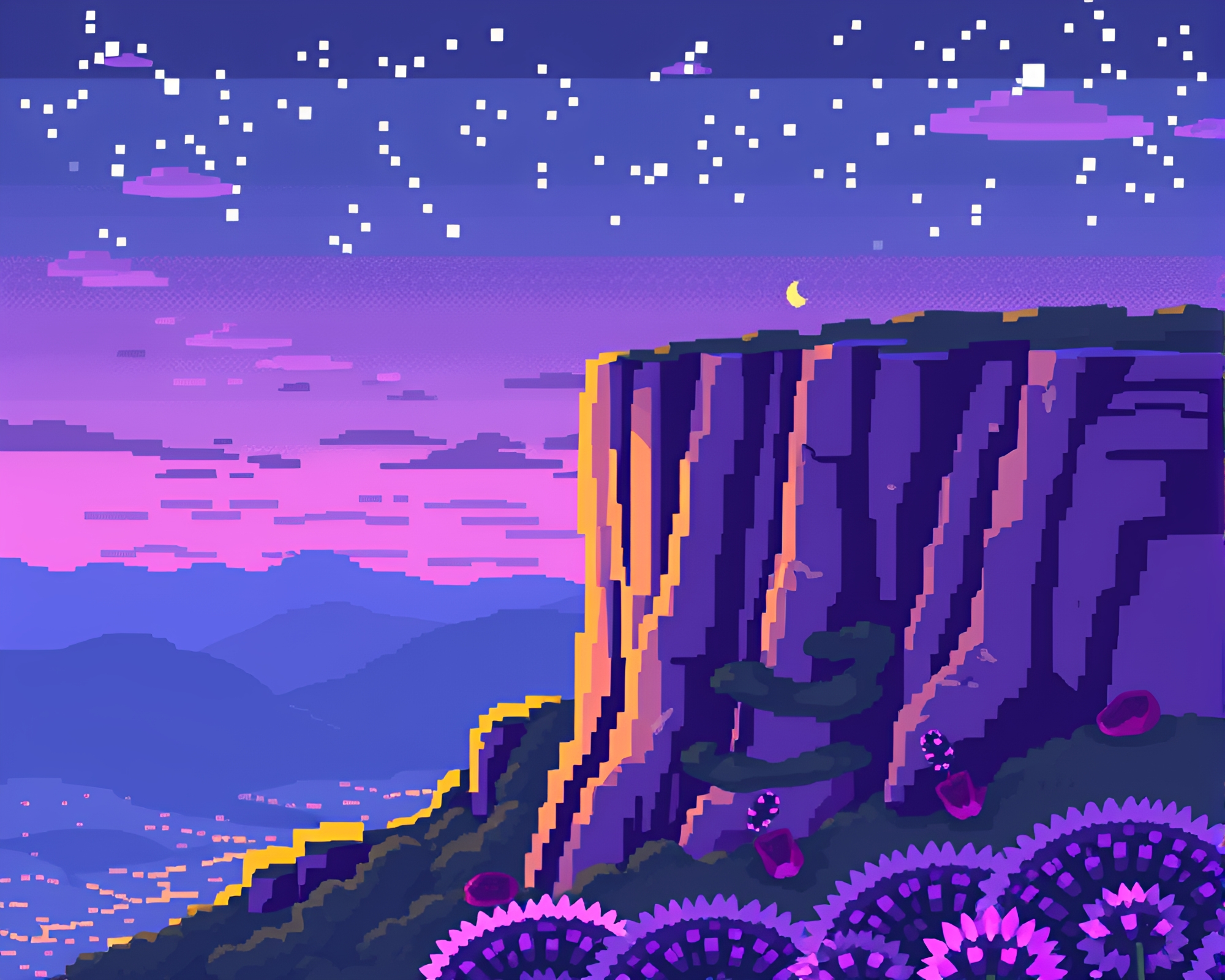 LED Pixel Grid Cliff at Lavender Twilight – free AI stock image