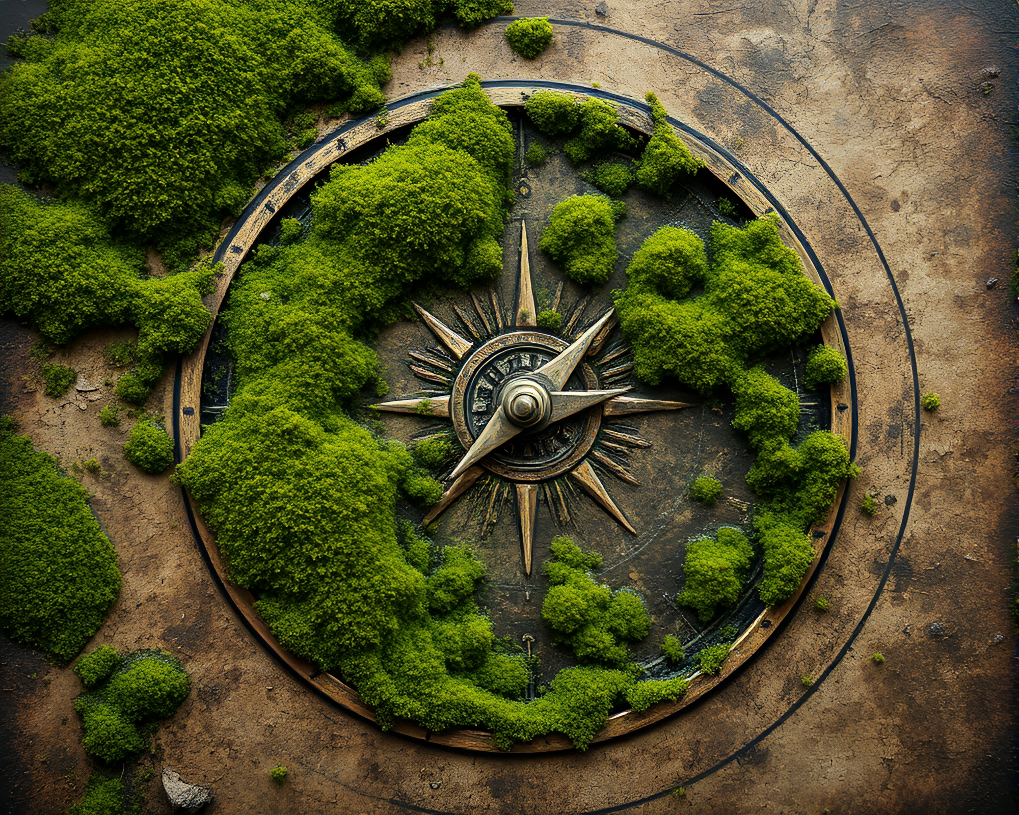 Enchanted Moss Growth with Antique Compass – free AI stock image
