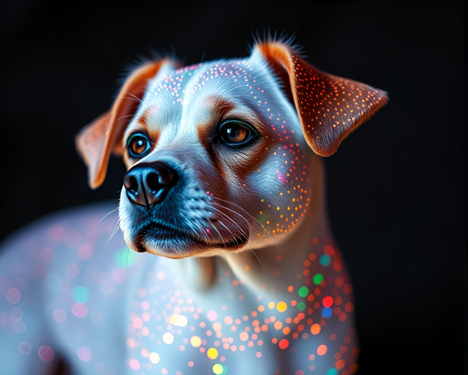 Vibrant screenprint dots showcasing holographic pet in colorful field.