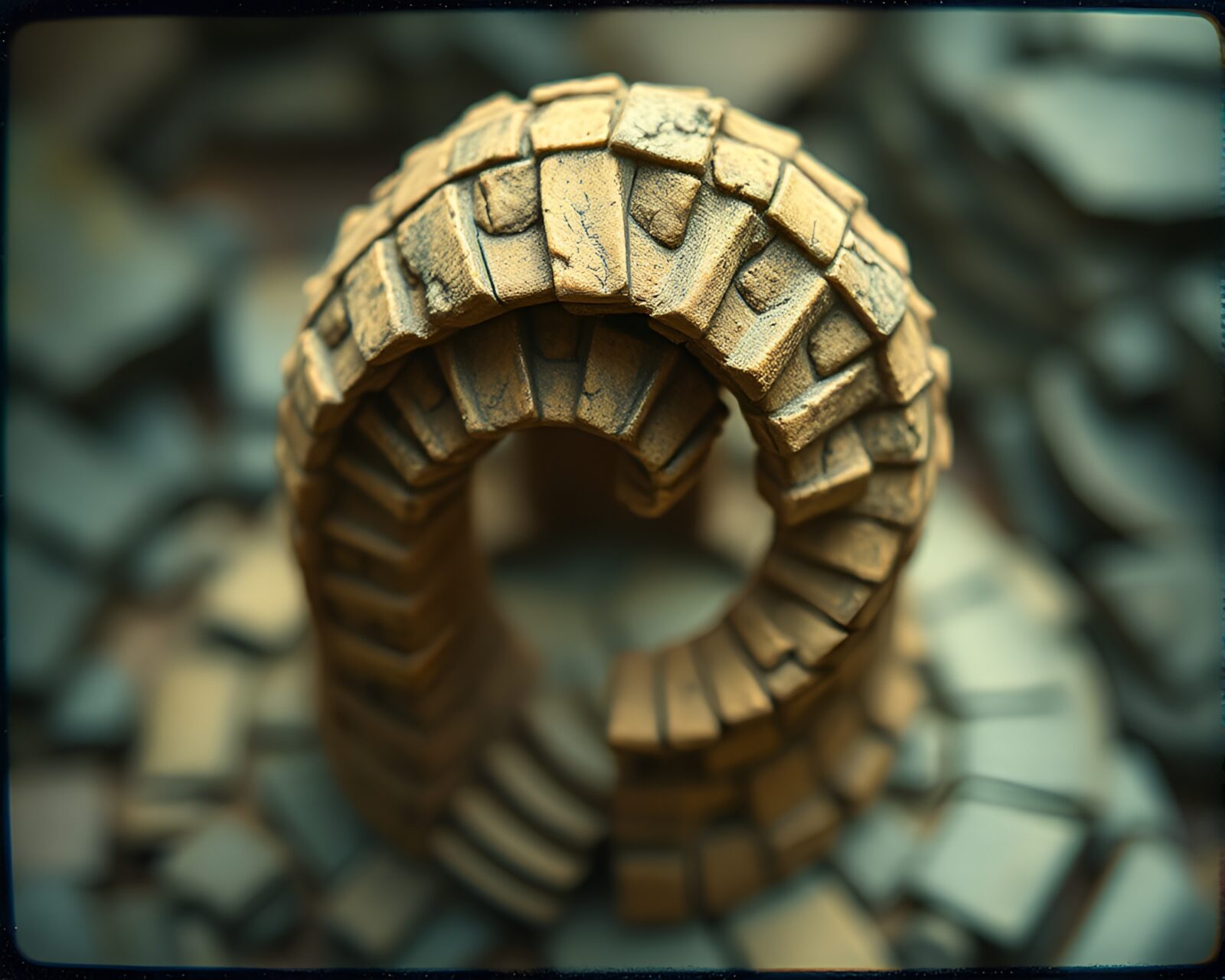 Tilt-shift miniature of a magically crafted golem in retro filter