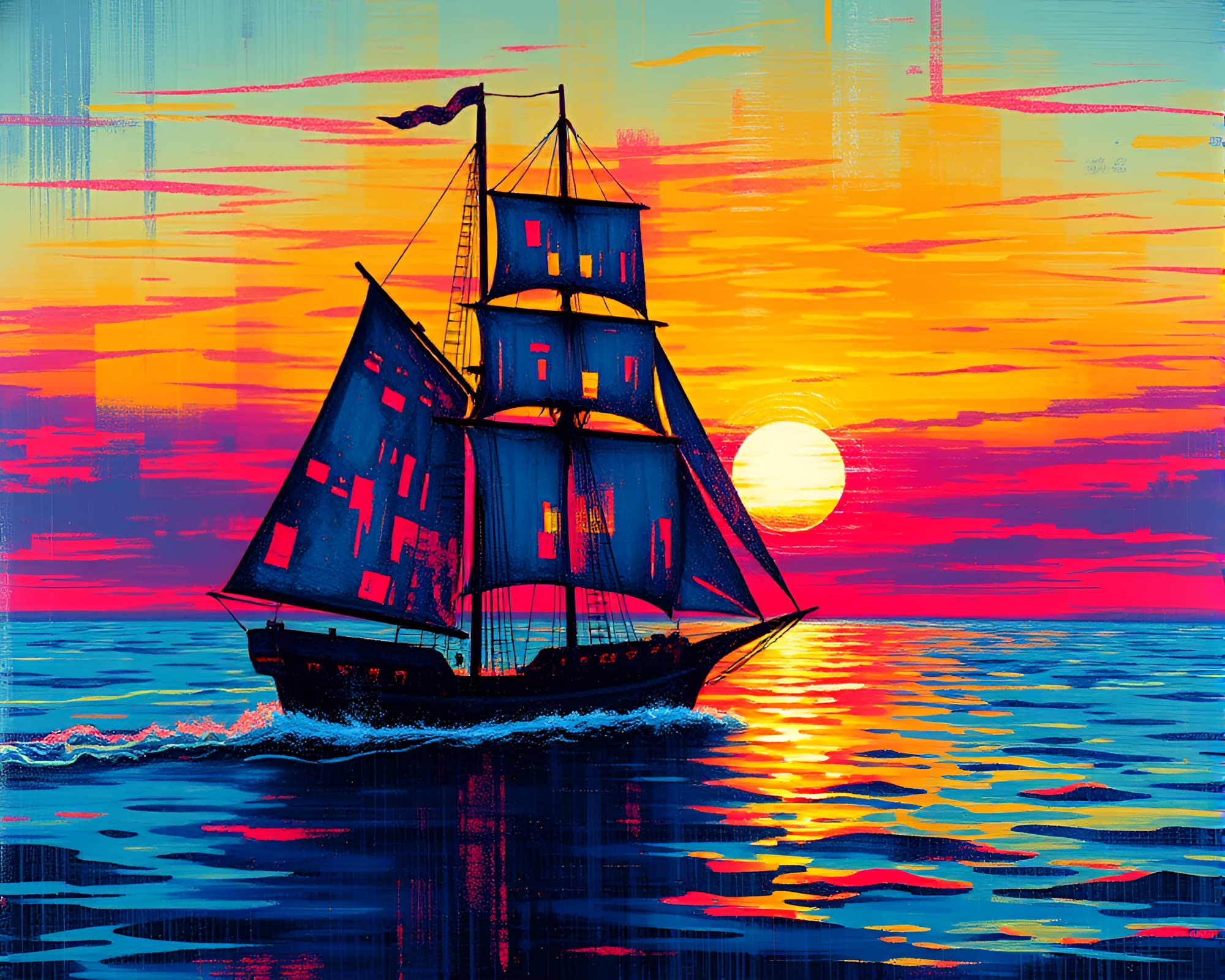 Glitchy Sunset Sailing Ship Acrylic Painting – free AI stock image