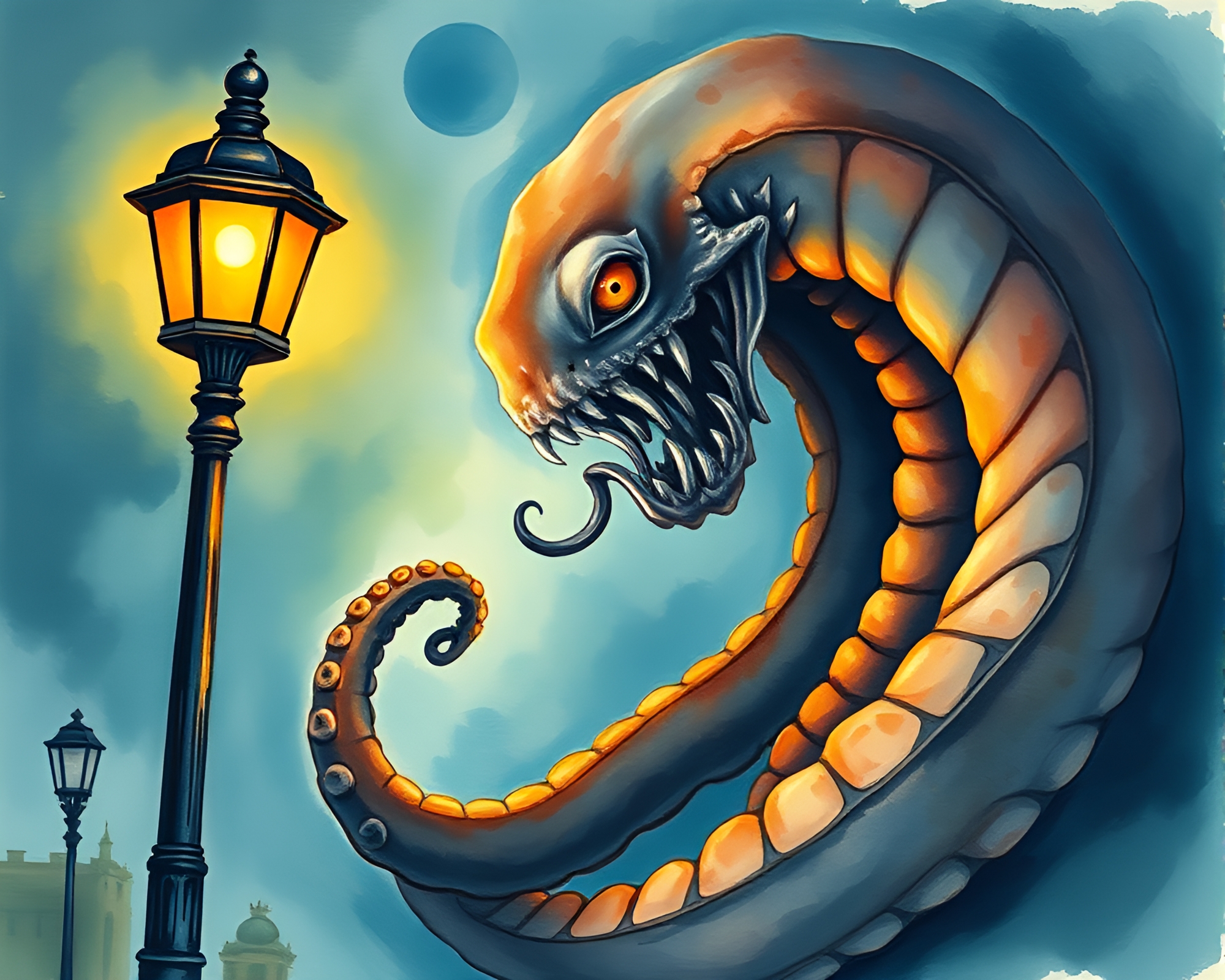 Kraken Emerges Under Streetlamp Glow in Watercolor Spiral – free AI stock image