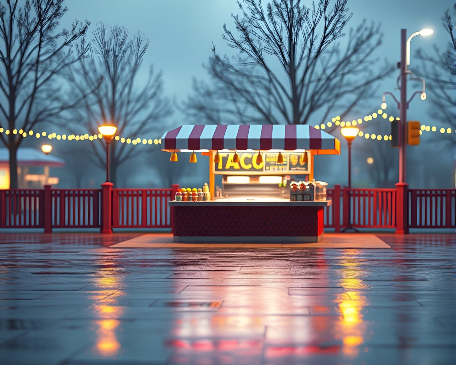 Vibrant neon taco stand under ambient occlusion lighting
