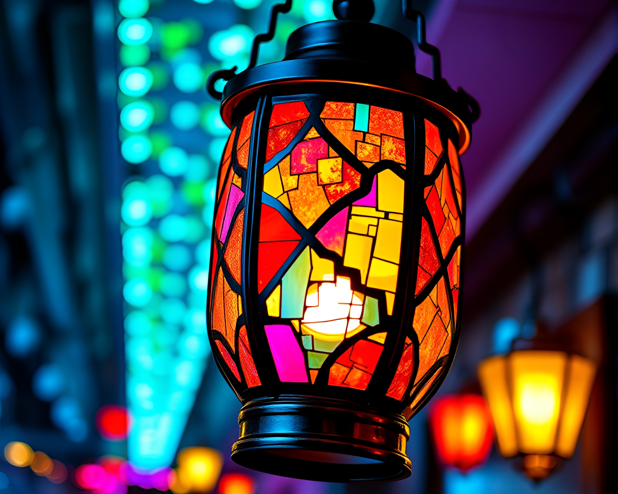 Fragmented Neon Pop Art Oil Lantern Mosaic – free AI stock image