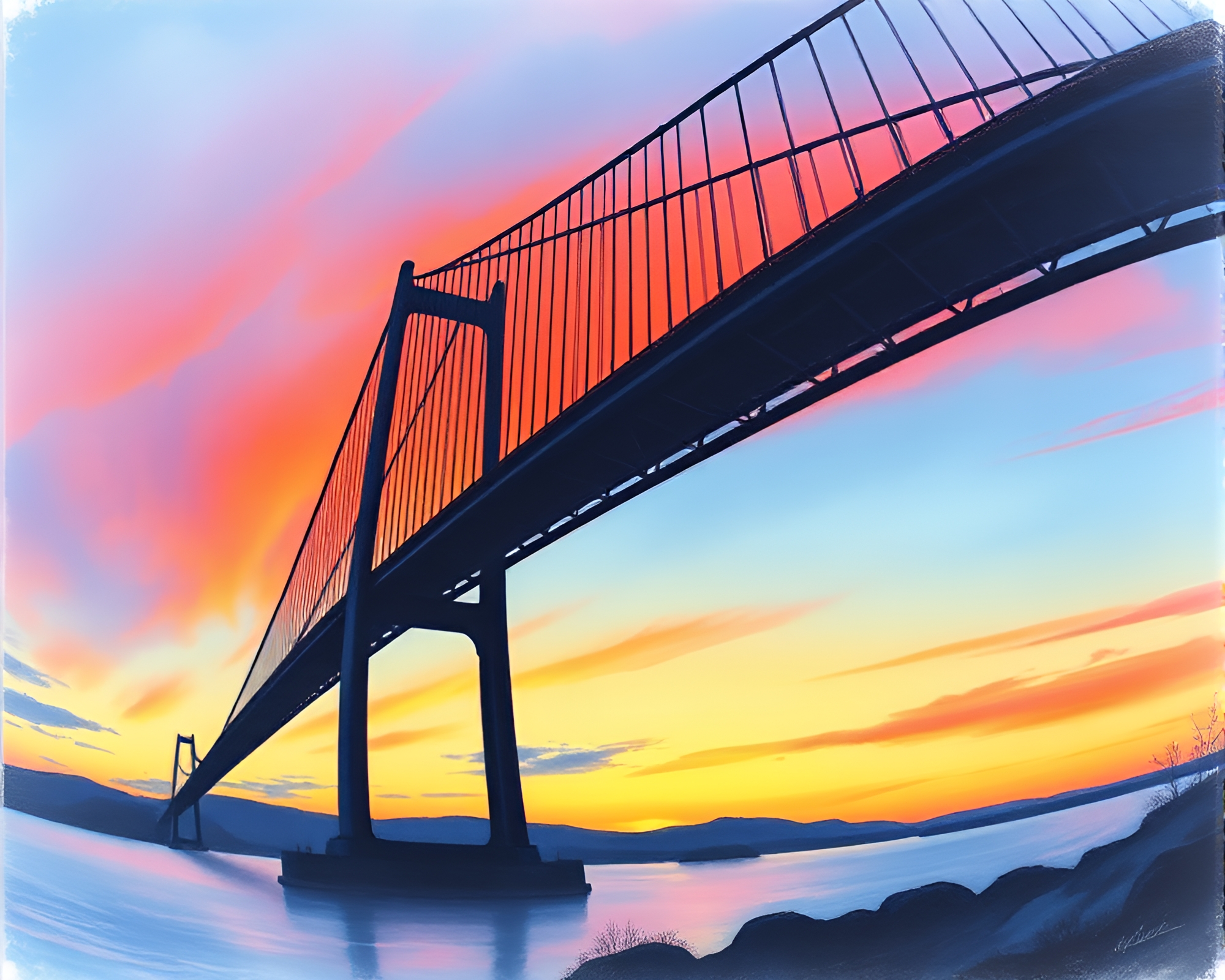 Sunset Fisheye View of Suspension Bridge Pastel Drawing – free AI stock image