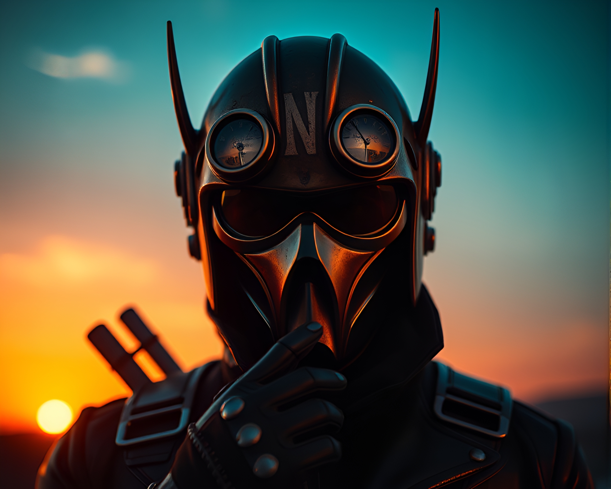 Cyberpunk Vigilante in Warm Sunset Silhouette – free AI stock image